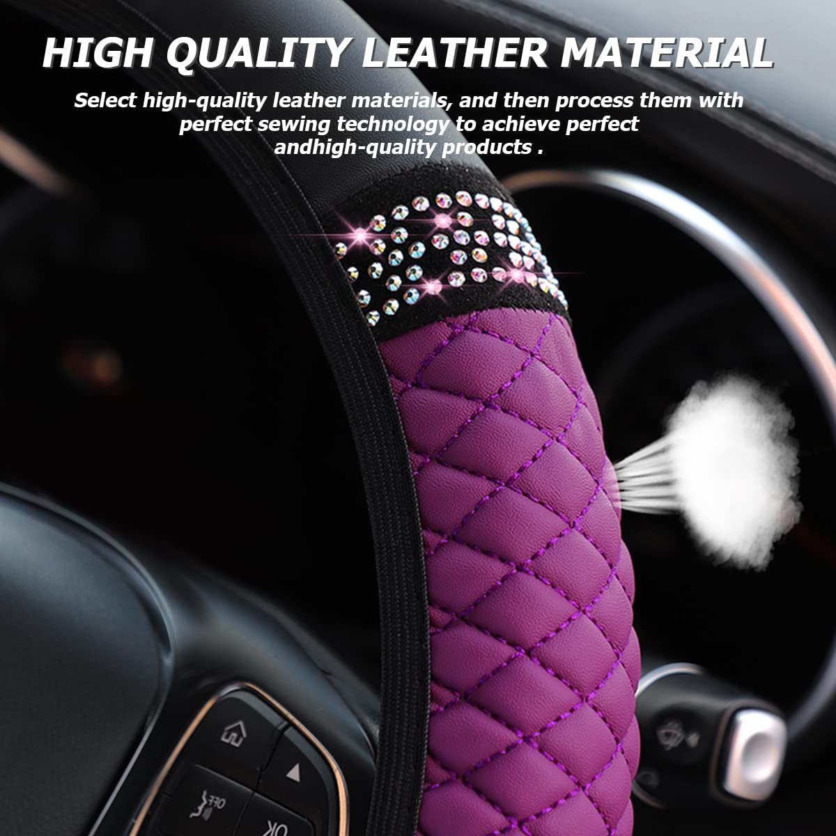 Bling Leather Steering Wheel Cover, Colorful Rhinestones Elastic Steering Wheel Protector, Pu Soft Leather With Crystal Diamond,