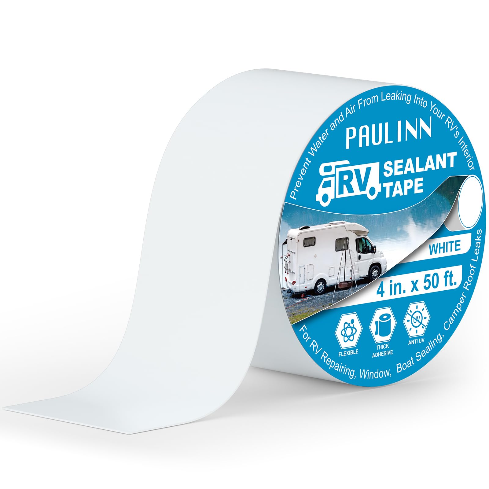 Paulinn Rv Camper Roofing Repair Sealant Tape White, 4 Inch X 50 Foot Natural Rubber Roof Sealing Tape, Uv & Weatherproof Roof S