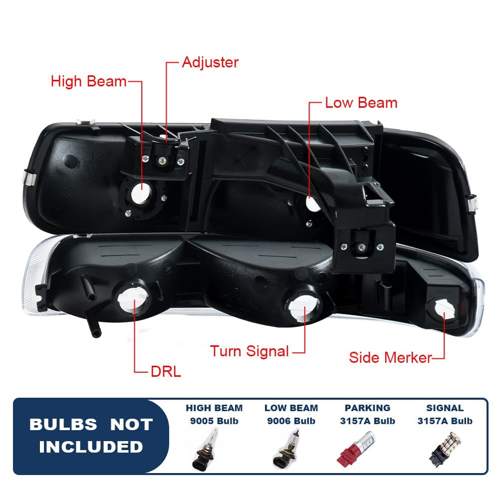 Pit66 Headlight Assembly Compatible With Chevy Silverado 1500 2500 99-02/Fit Silverado 1500Hd 2500Hd 3500 01-02/Fit Tahoe Suburb