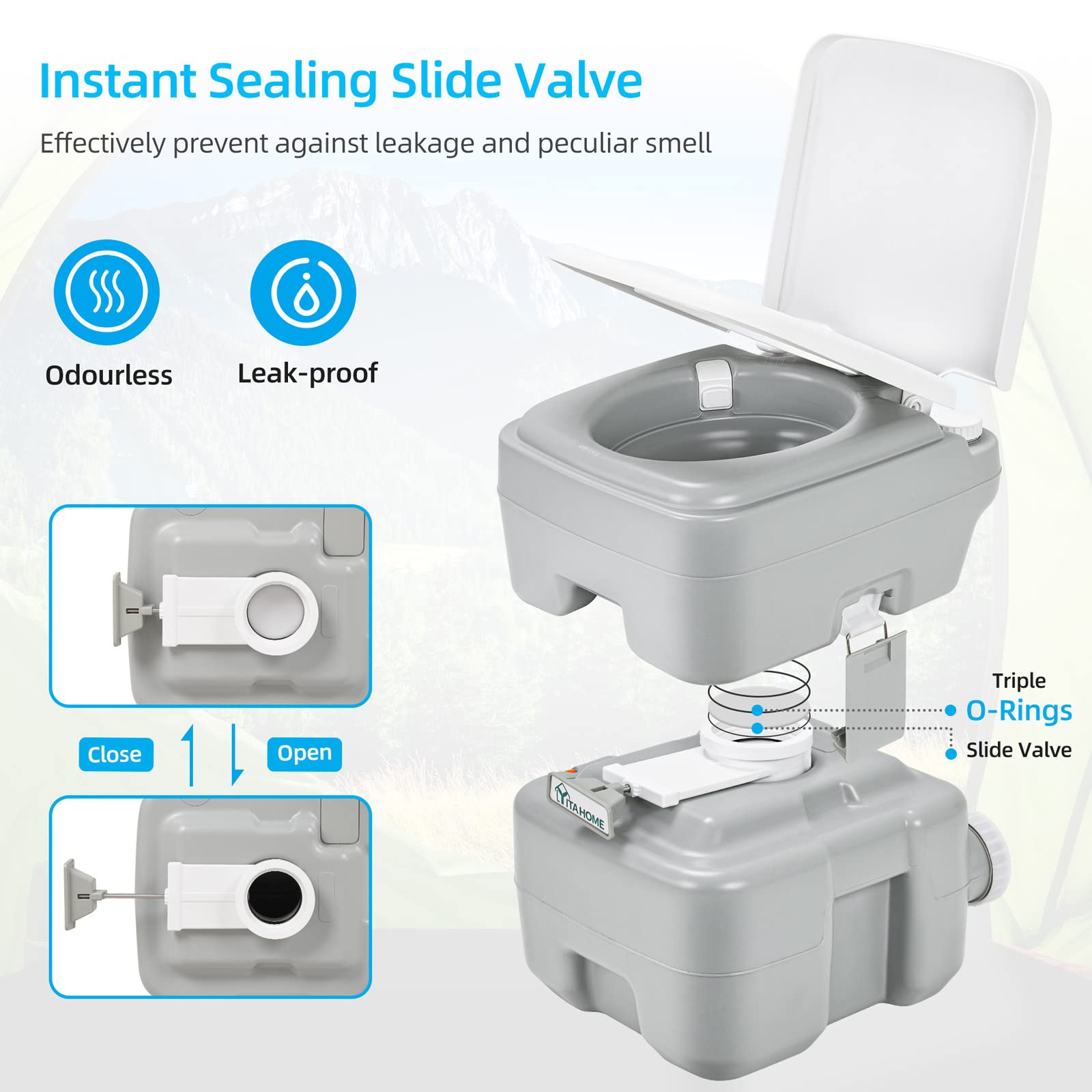 Yitahome Portable Toilet Camping Porta Potty With Carry Bag And Hand Sprayer, 5.28 Gallon Leak-Proof Indoor Outdoor Toilet With