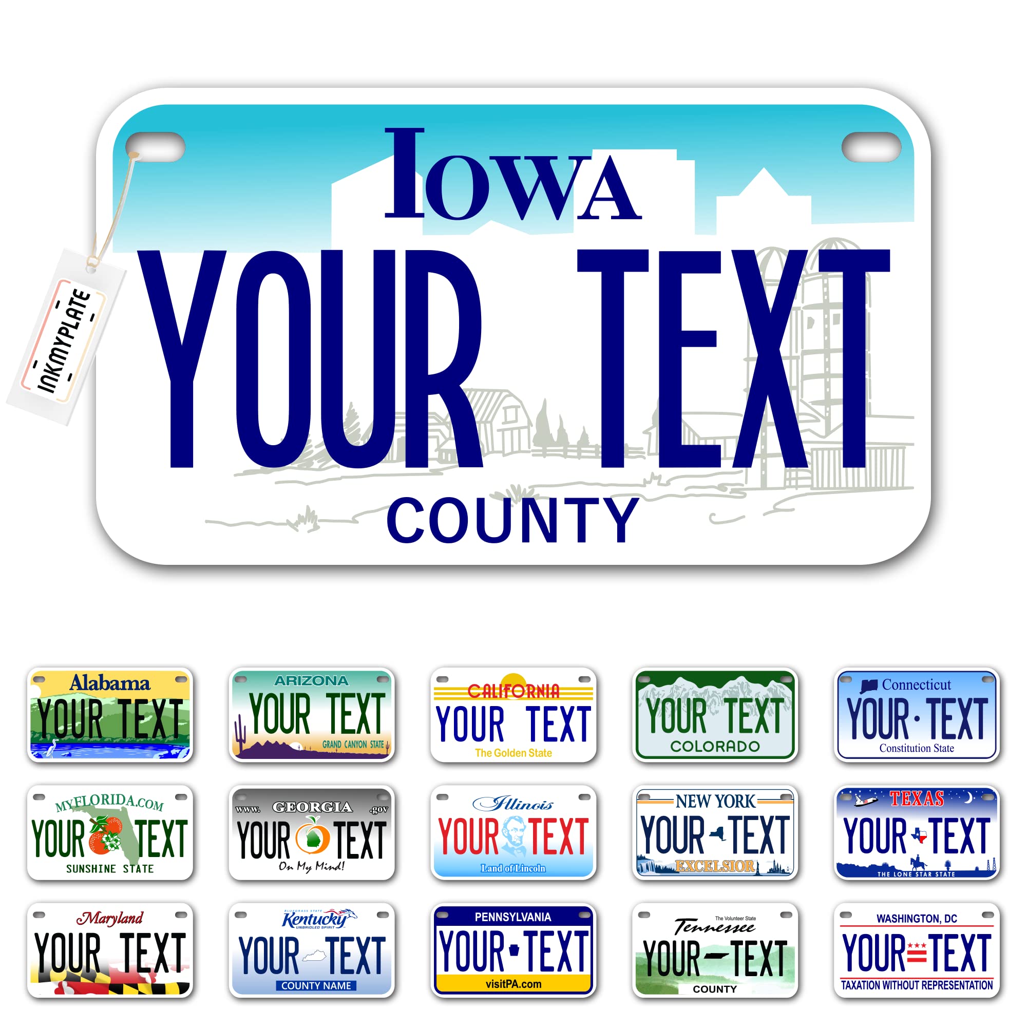 Inkmyplate Personalized Iowa White Small License Plate | Motorcycle 7X4 In | 3 Sizes | Custom License Plates For Kids Bicycles | Power Wheels | Wagons | Atv | Usa Thick .040 Aluminum