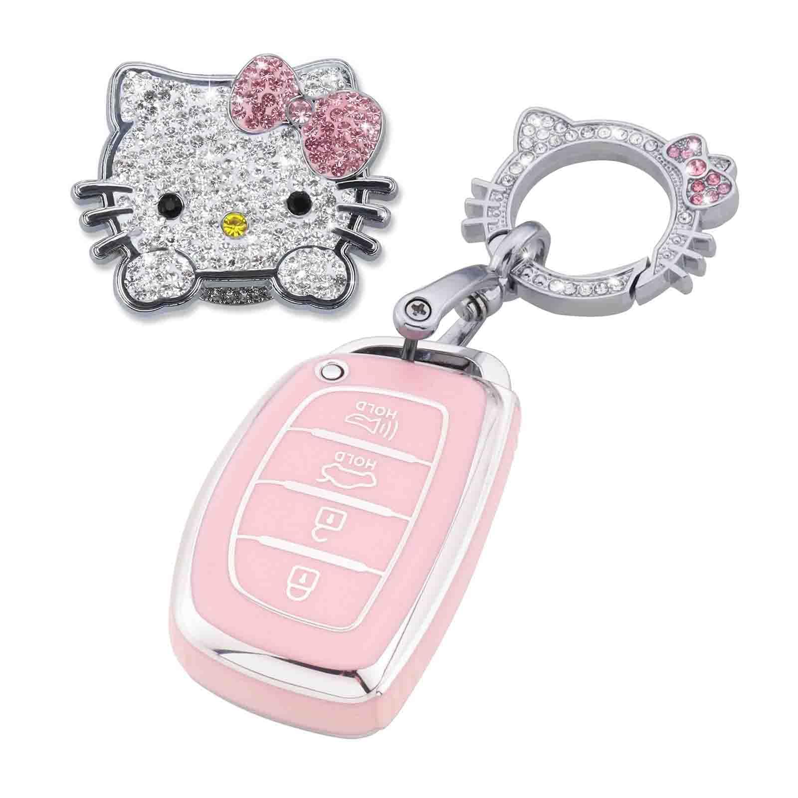 Pangpai Pink Car Accessories 3 Pcs For Hyundai Lantra Ioniq Sonata Tucson Elantra Gt Key Fob Cover With Bling Keychain Cute Push