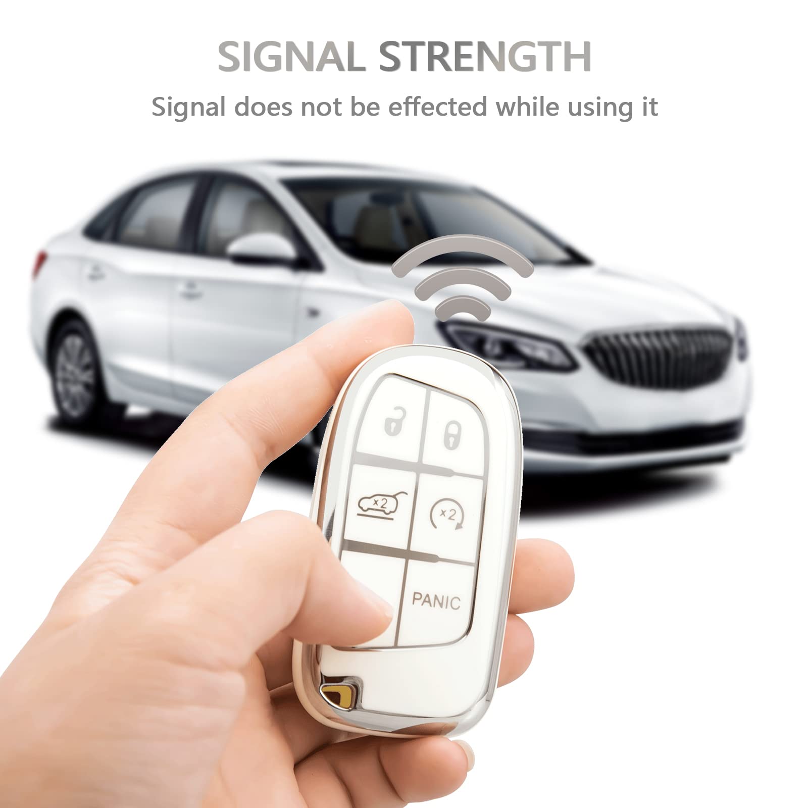 Offcurve For Jeep Dodge Key Fob Cover, Car Key Cover Case For Jeep Grand Cherokee Wrangler Compass Renegade Patriot Grand Comander 3 4 5 Buttons Smart Key Car Accessories Holder Protector, White