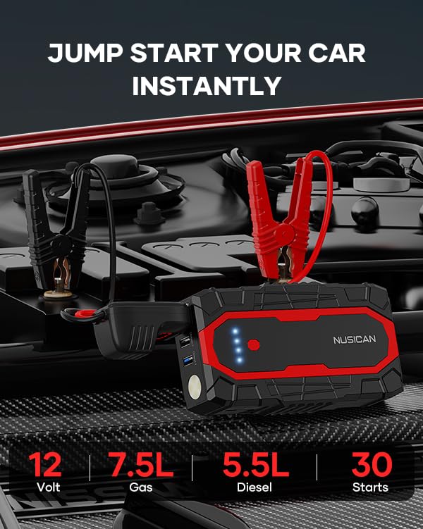 Nusican Car Jump Starter, 12V Portable Battery Charger (Up To 7.5L Gas&5.5L Diesel Engine) Auto Lithium Battery Booster 2000A 18