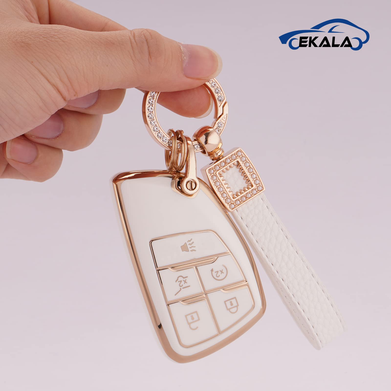 EKALA for GMC Key Fob Cover with Leather Key Fob Keychain, 5 Buttons Soft TPU Key Shell Case Compatible with 2021 2022 2023 GMC
