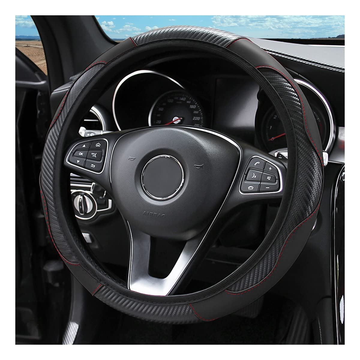 Car Steering Wheel Cover, Microfiber Pu Leather Elastic Carbon Fiber Auto Steering Wheel Protector, 15 Inch Breathable Anti-Slip For Women Men, Car Interior Accessories For Most Cars (Black)