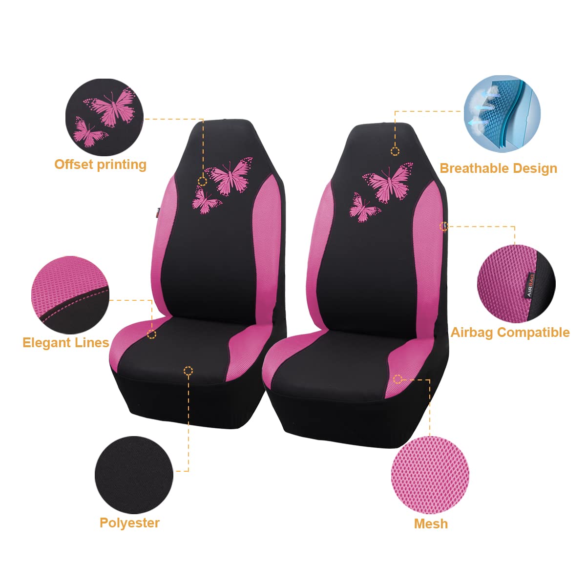 Flying Banner Butterfly Car Seat Covers Ful Set Fashion Universal Lady Woman Female Rear Bench Split Colorized (2 Fronts, Pink)