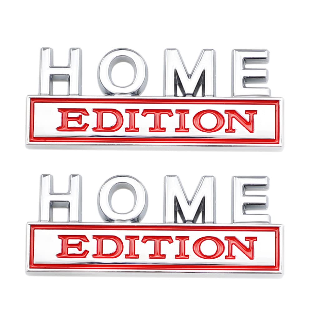 2 Pcs Home Edition Emblem Car Side Rear Front Hood Trunk Door Badge 3D Decal Sticker Fit For Car Truck Suv (Home, Silver Red)