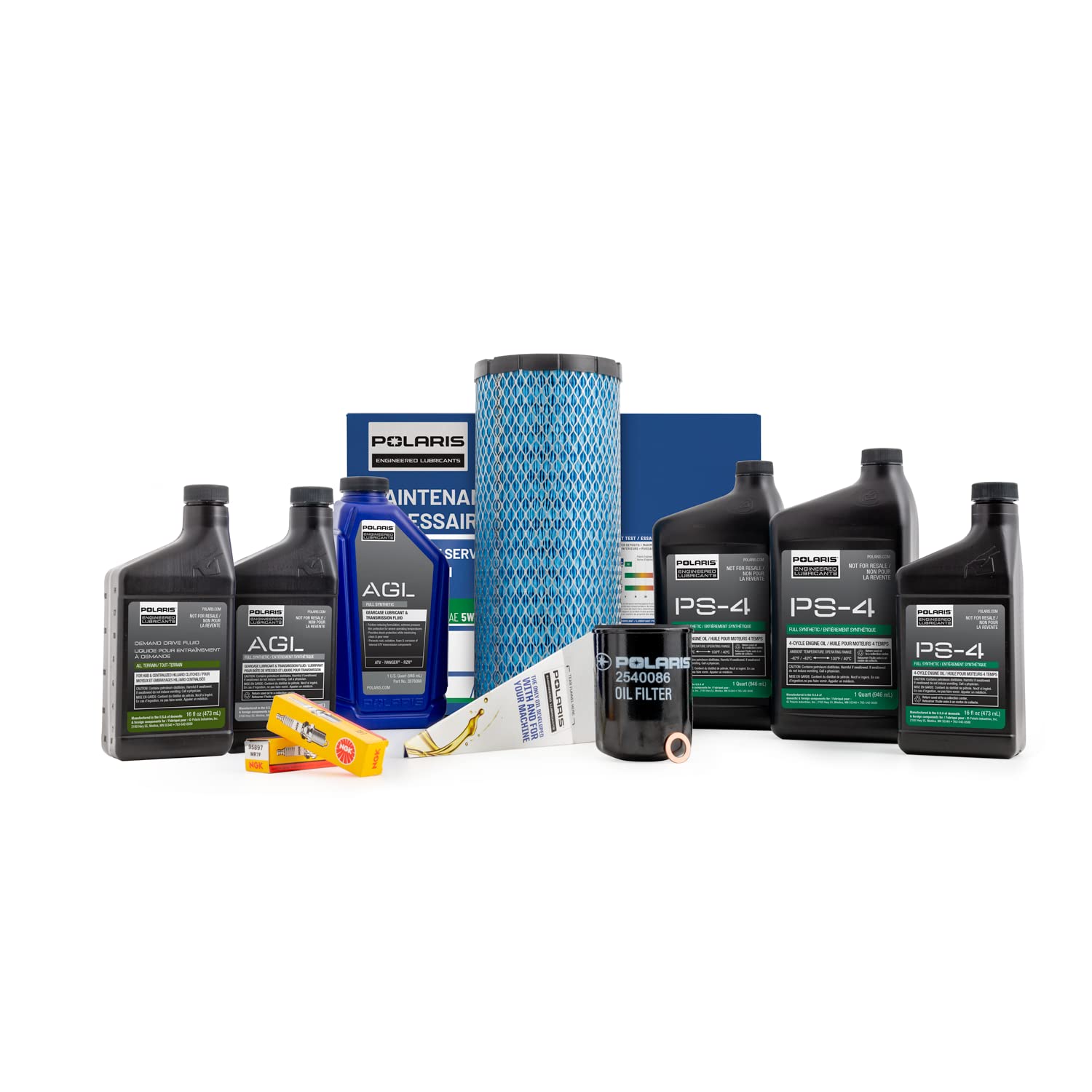 Polaris Service Kit For General 1000/Xp 1000 Or Rzr Trail S/S 1000 Models, Includes Demand Drive Fluid, Agl Fluid, Ps-4 5W-50 Full Synthetic Oil, 1 Air Filter, 1 Oil Filter, 2 Spark Plugs - 2830544