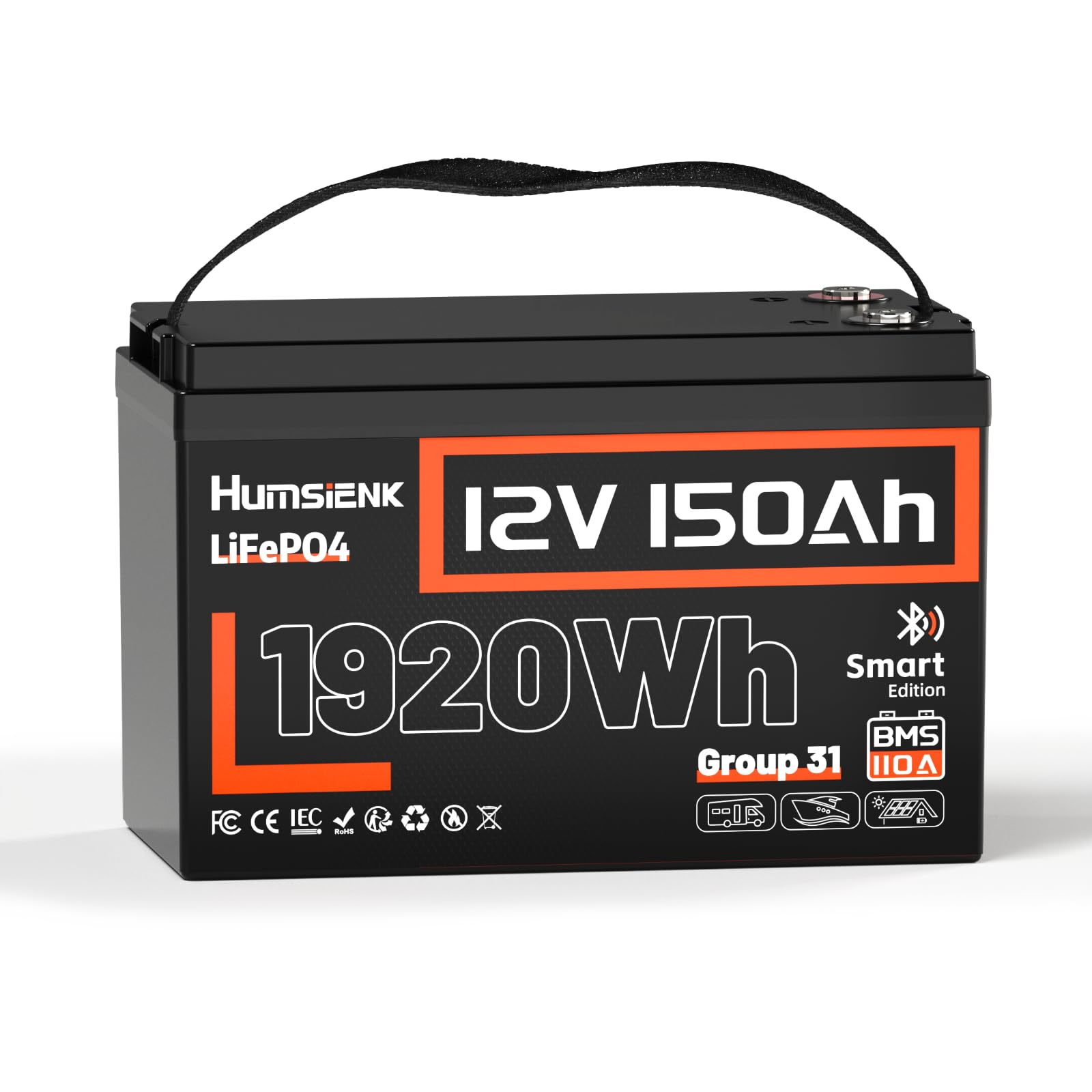 HumsiENK 12V 150Ah LiFePO4 Lithium Battery BCI Group31 Bluetooth- Built-in 110A BMS, Deep Cycle Battery for Solar, RV, Marine, O