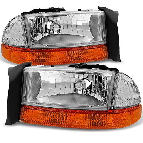 Akkon - Fits 1997-2004 Dodge Dakota | 98-03 Durango Chrome Driver Left + Passenger Right Side Headlights +Signal Lamp Pair Set