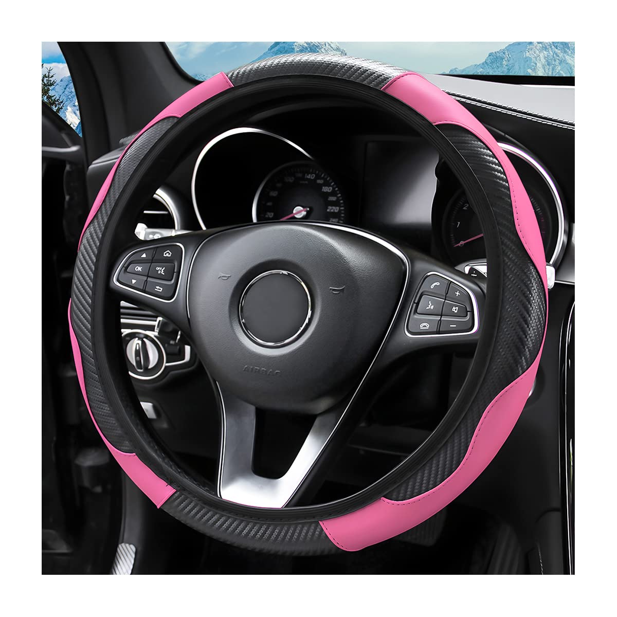 15 Inch Car Steering Wheel Cover, Carbon Fiber Microfiber Leather Elastic Stretch, Anti-Slip Breathable Steering Wheel Protector For Women Men, Car Accessories For Suv, Truck, Van (Black/Pink)