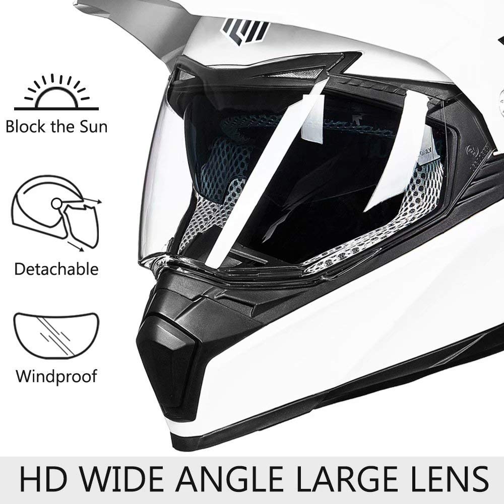 Ilm Off Road Motorcycle Dual Sport Helmet Full Face Sun Visor Dirt Bike Atv Motocross Casco Dot Certified Model 606V(White, S)