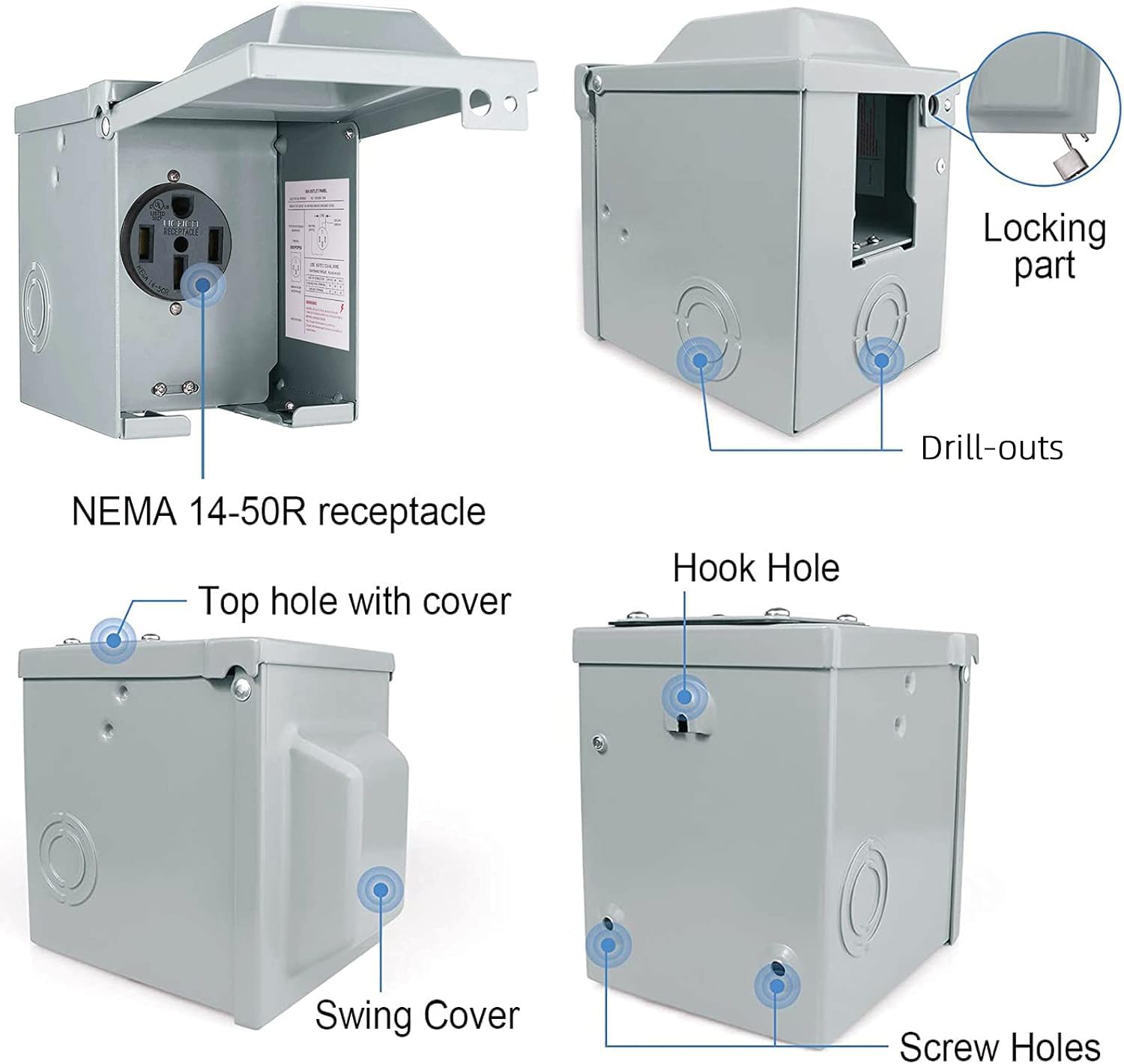50 Amp 125/250 Volt Rv Power Outlet Box, Enclosed Lockable Weatherproof Nema 14-50R Outdoor Electrical Receptacle Panel, 50 Amp