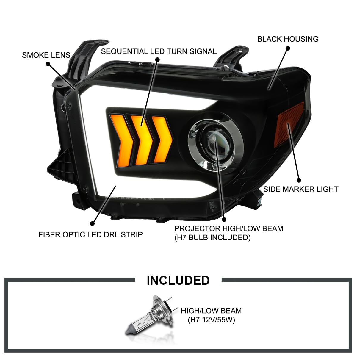 Spec-D Tuning Led Sequential Signal Black Smoke Projector Headlights Compatible With 2014-2021 Toyota Tundra, Left + Right Pair Headlamps Assembly