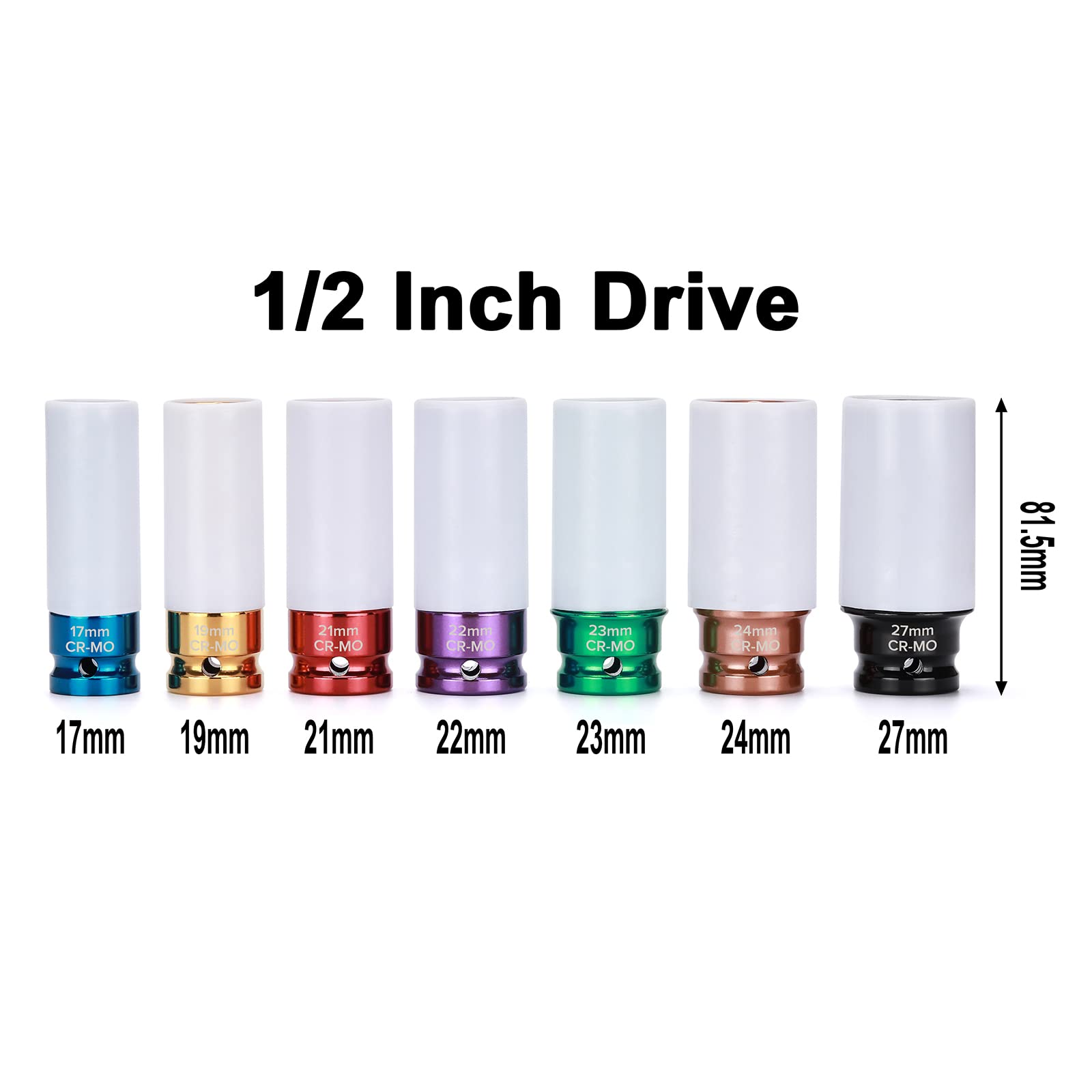 Mayouko 7Pcs 1/2 Inch Drive Lug Nut Deep Impact Socket Set,Thin-Walled Wheel Rim Protector Socket,Color Coded,Metric,Cr-Mo
