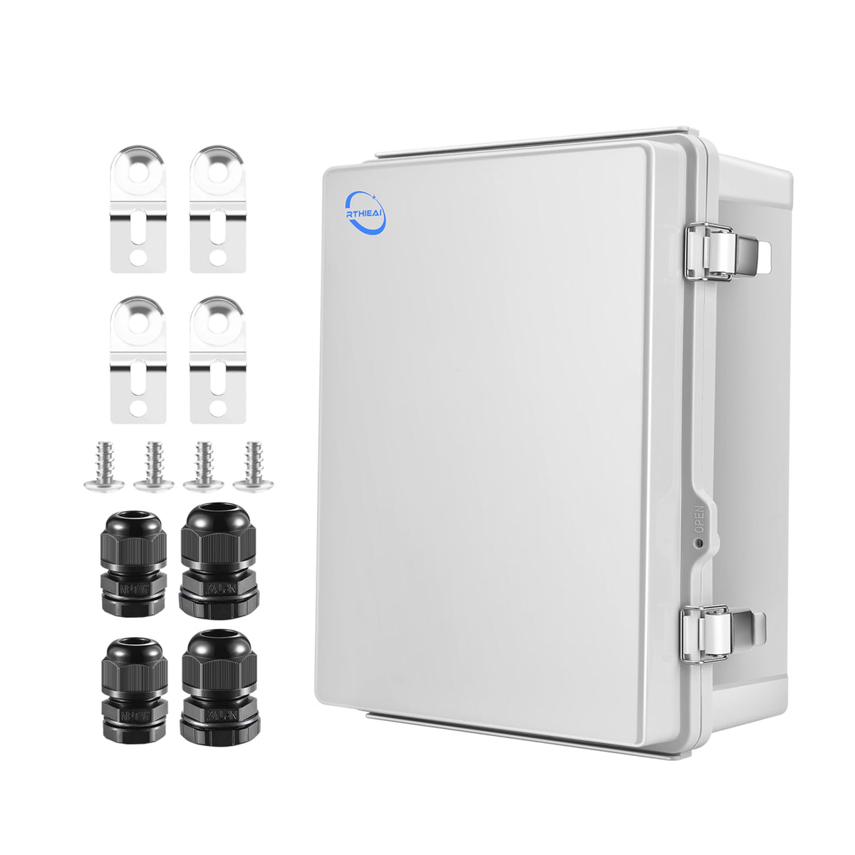 Rthieai Waterproof Outdoor Ip67 Junction Box(16.1'X12.2'X7.1') With Mounting Plate, Hinged Grey Cover And Wall Brackets - Weatherproof Abs Plastic Electrical Enclosure For Diy Projects(410X310X180Mm)