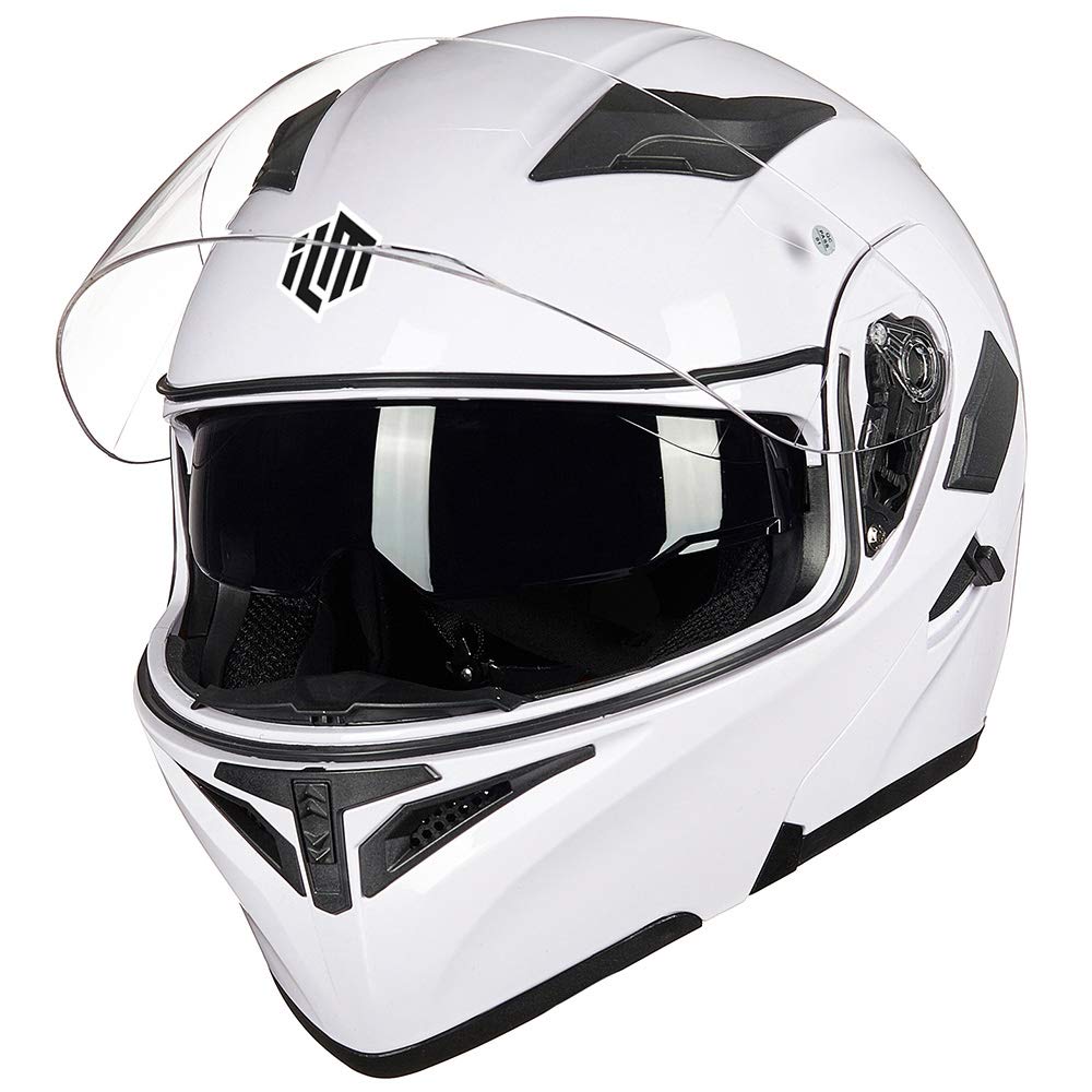 Ilm Motorcycle Dual Visor Flip Up Modular Full Face Helmet Dot 6 Colors Model 902 (L, White)