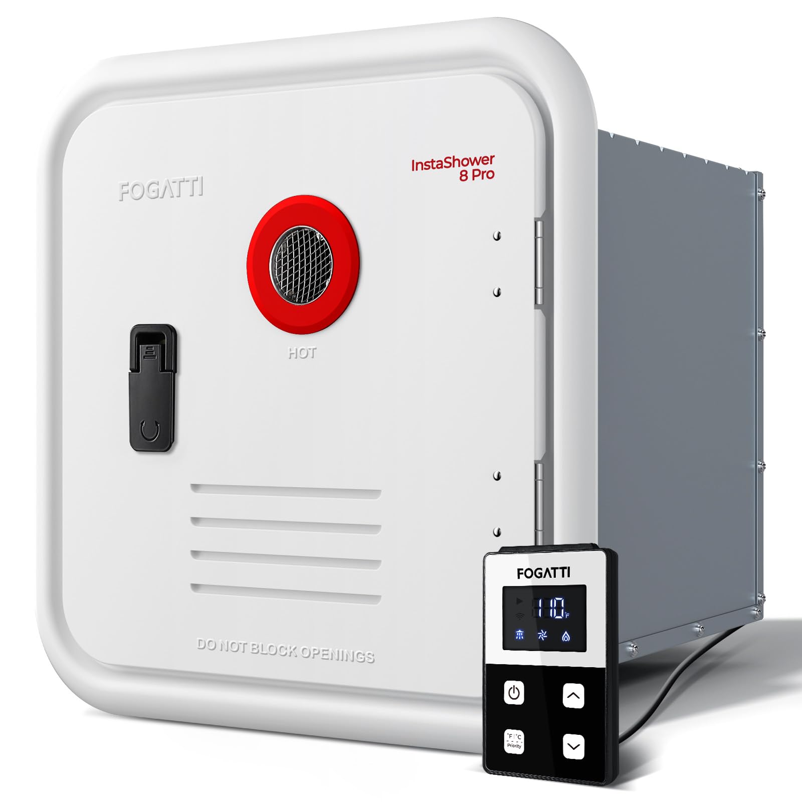 FOGATTI RV Tankless Water Heater, InstaShower 8 Pro, Gen 2, 15x15 Inches White Door and Remote Controller, DC 12V, Propane, Idea