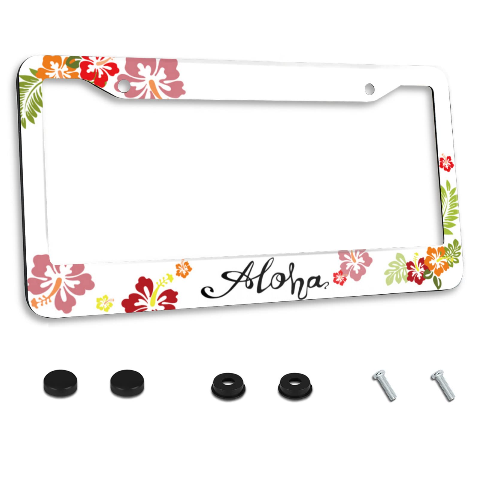 Aloha Hawaii Hibiscus Floral Flowers Colorful License Plate Frame Car License Plate Stainless Steel Accessory License Plate Deco