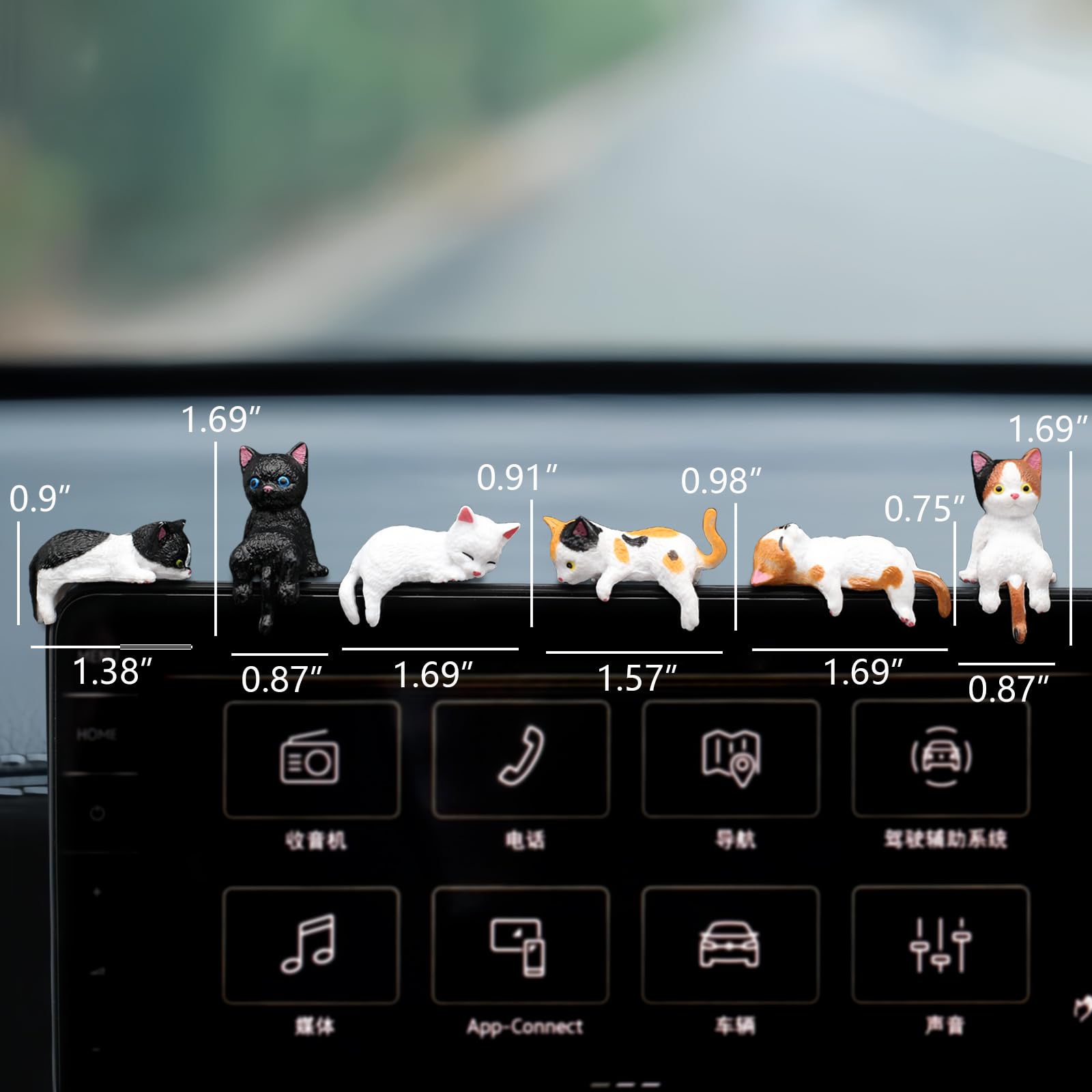 Cat Car Dashboard Decor Rear View Mirror Accessories, Set of 6 Mini Cats Cute Car Decorations Interior, Computer Monitor Figurin