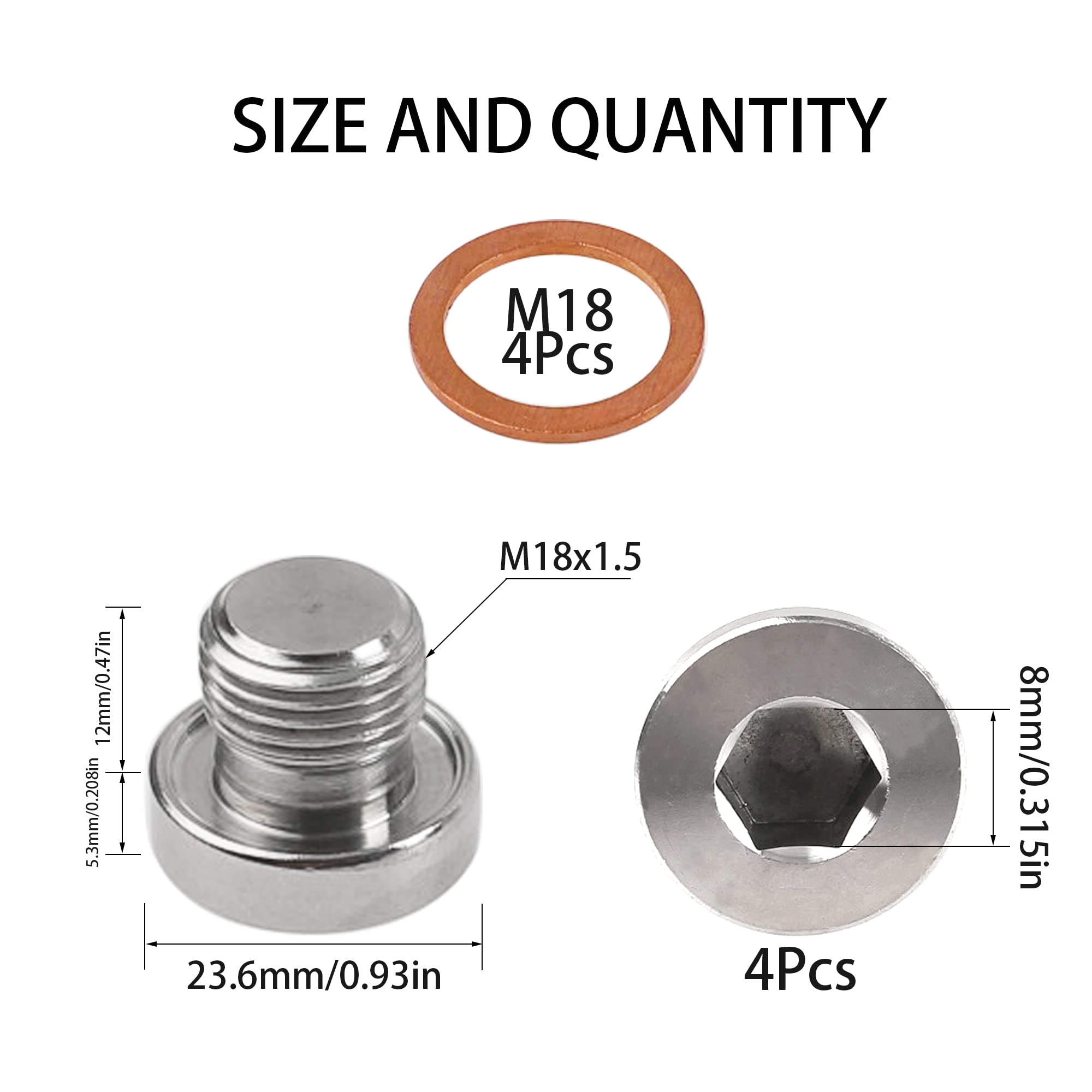 Rrina 4Pcs 304 Stainless Steel M18X1.5 Inner Hex Head O2 Oxygen Sensor Plug