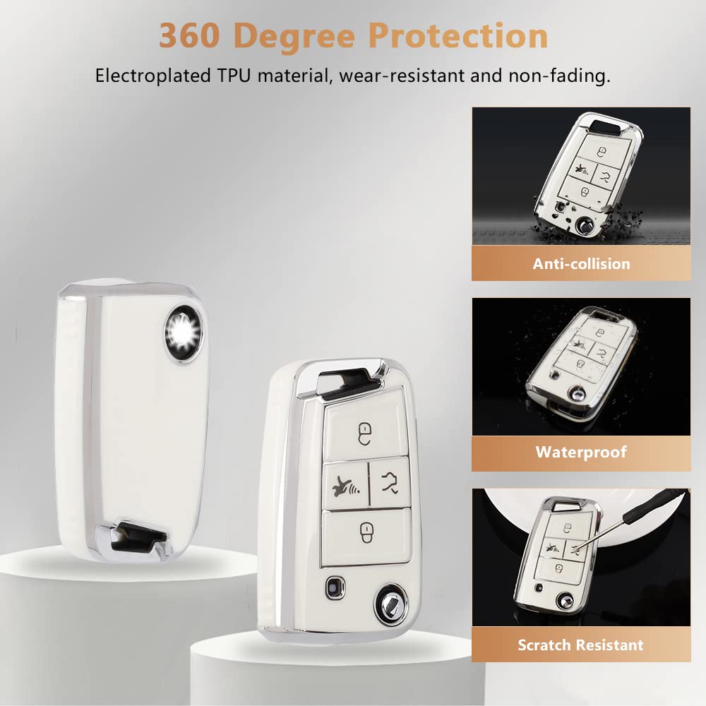 Pifoog For Volkswagen Vw Key Fob Cover Tiguan Golf Gti Altas Jetta Accessories 4 Button Soft Tpu Car Keys Case Protector Bling Keychain Landyard Girly White Silver