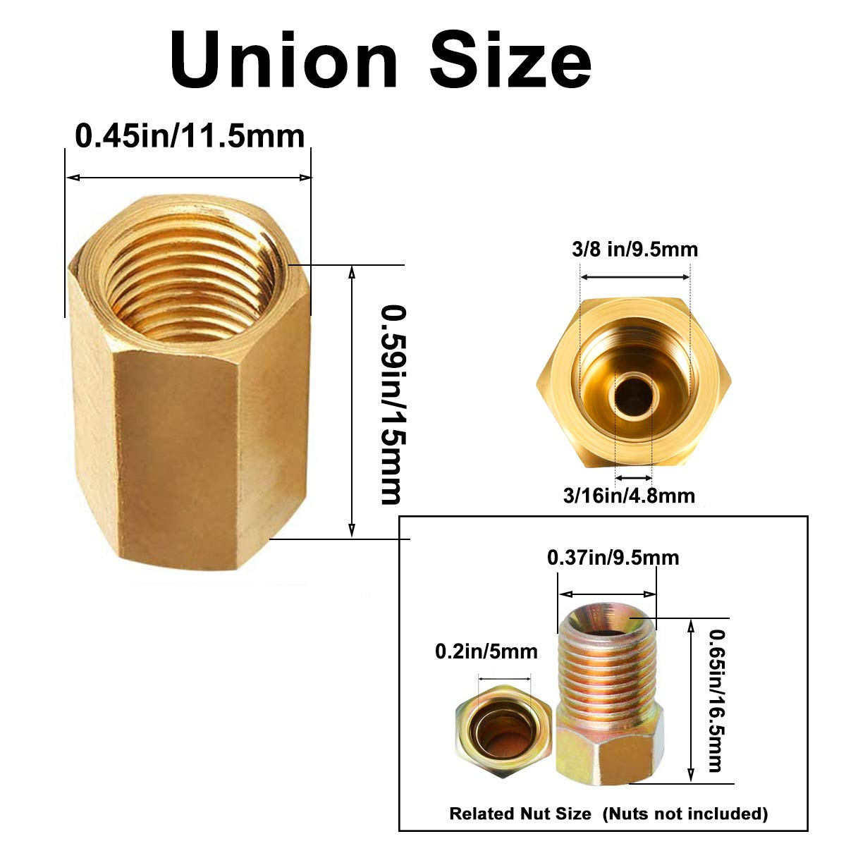 MuHize Brake Line Unions, 10 PCS Brass Inverted Flare Brake Line Unions (3/8'' 24 Threads) Assortment for 3/16'' Tube Fittings