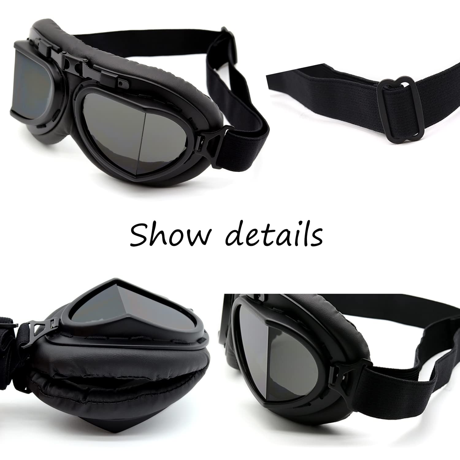 Kucehiup Vintage Aviator Goggles Motorcycle Goggles (Black Frame Smoke Lenses)
