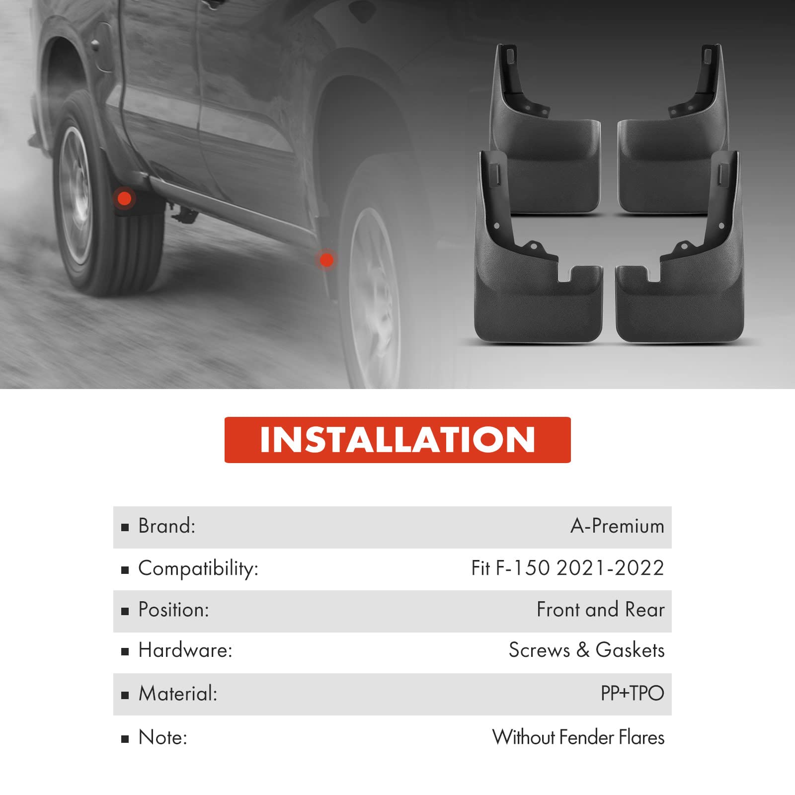 A-Premium Set of 4PCS Mud Flaps Splash Guards Mudguards Mudflaps with Hardware Kits Accessory Compatible with Ford F-150 2021 2022, Pickup, Without Fender Flares, Front LH RH and Rear LH RH