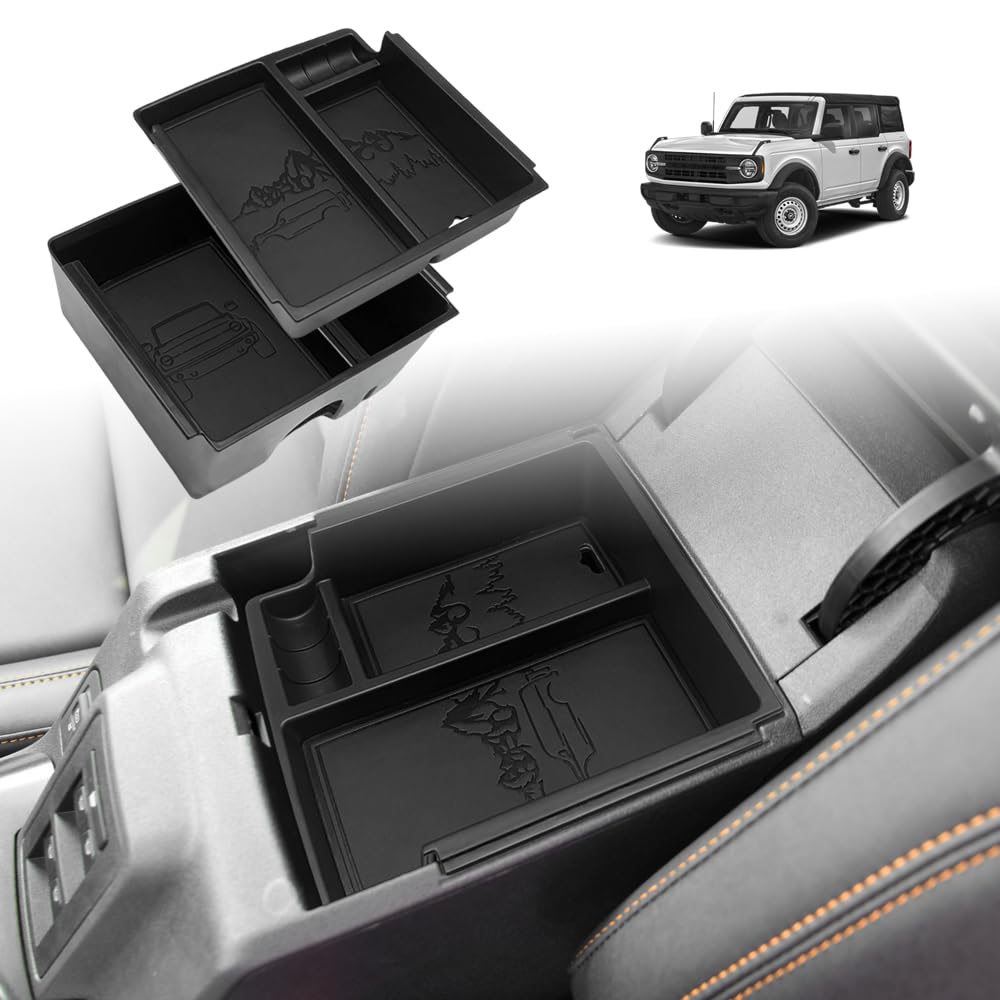 Triplealiners Center Console Organizer Compatible With 2021-2024 Ford Bronco(No For Sport) Accessories 6Th Gen Bronco 2/4-Door Center Console Storage Box Abs Material With Leather Trim(V2_Black)