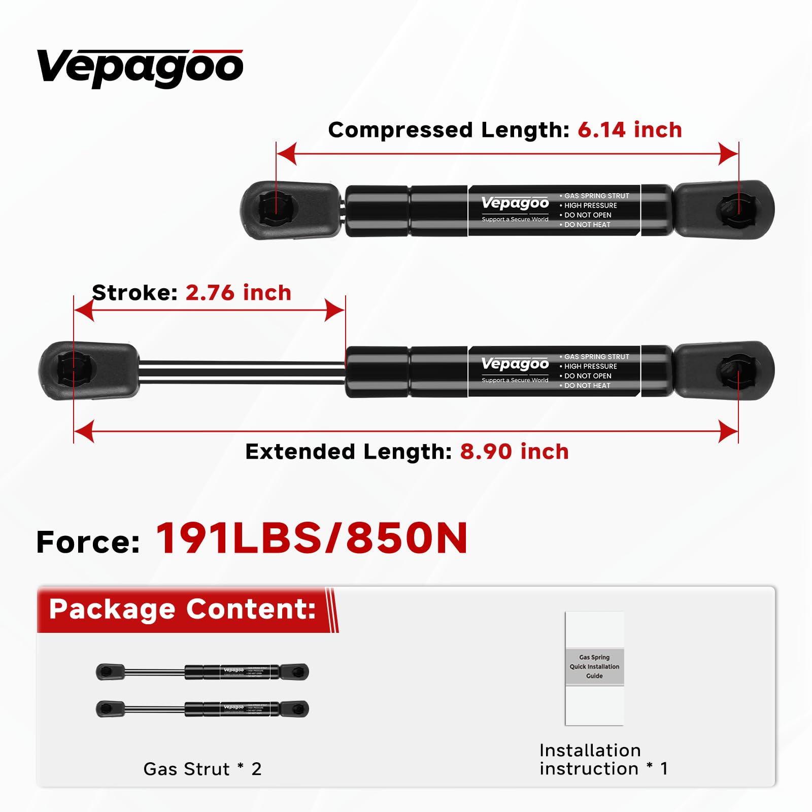 Vepagoo 9 Inch 190Lb/845N Gas Struts Shocks Springs Lift Supports Compatible With Truck Pickup Tool Box Cabinet Lid Rv Door Toy