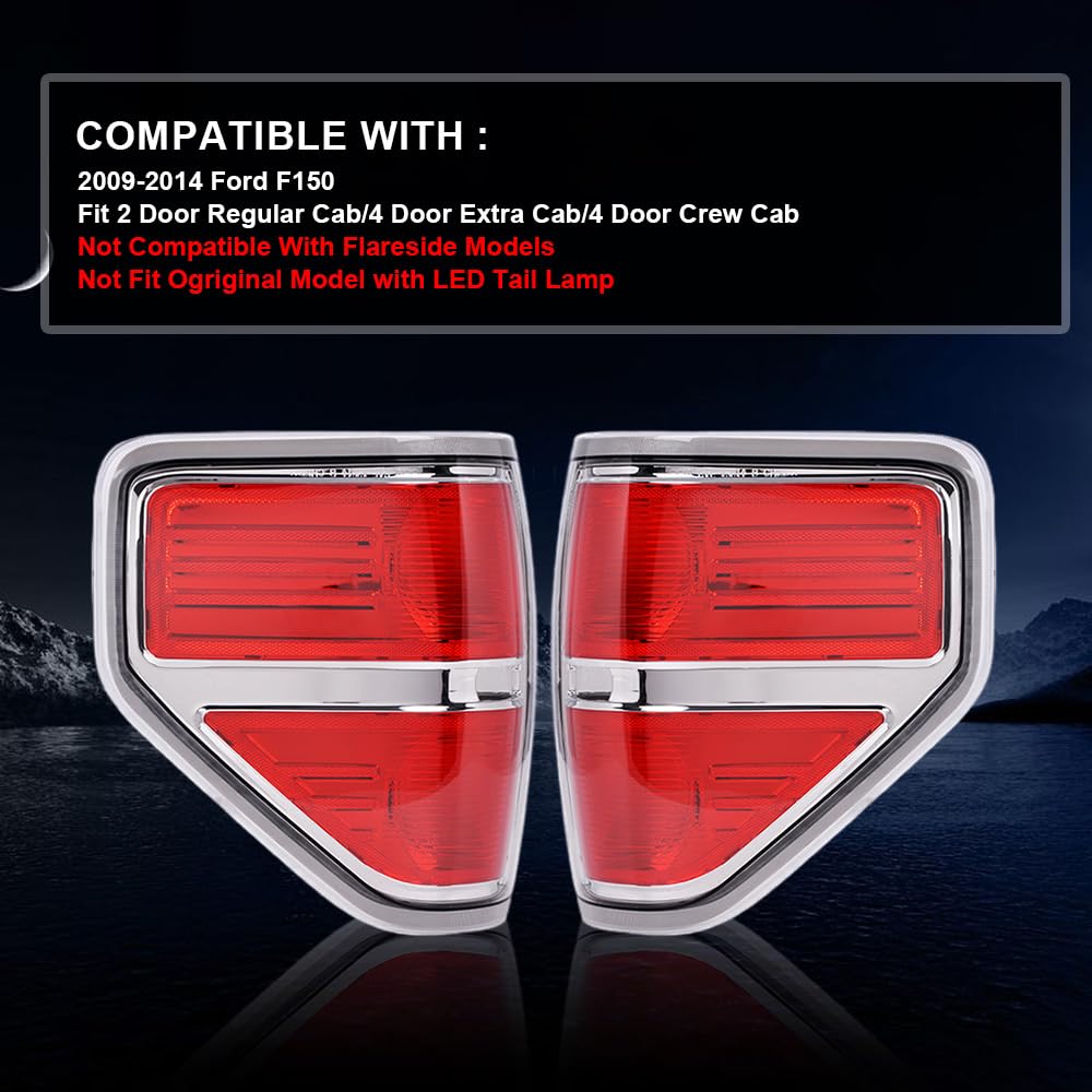 Pit66 Tail Lights,Compatible With 2009 2010 2011 2012 2013 2014 Ford F150 Rear Brake Lamps Assembly Left&Right Red Lens Chrome T
