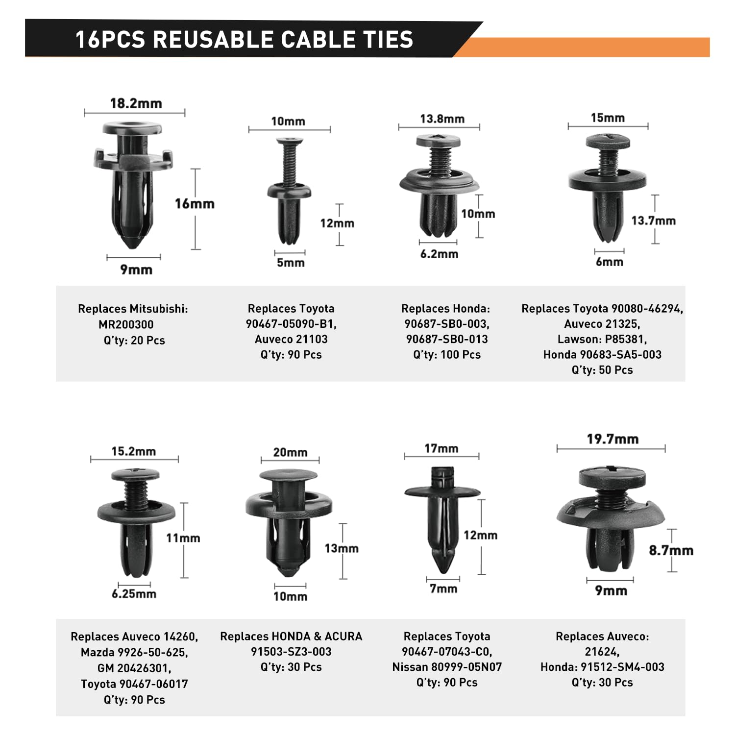 Gooacc 855Pcs Car Push Retainer Clips & Auto Fasteners Assortment -16 Most Popular Sizes Nylon Bumper Fender Rivets With Cable T