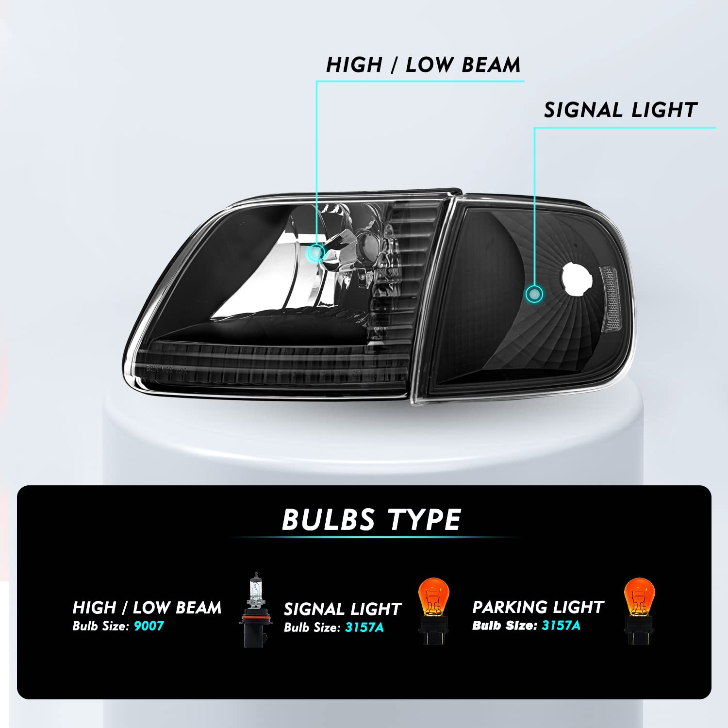 Tusdar Headlight Assembly Compatible With 97-03 Ford F150 / 04 Ford Heritage / 97-02 Ford Expedition / 97-99 Ford F250 W/Corner Lights 4Pcs, Black Housing With Clear Reflector