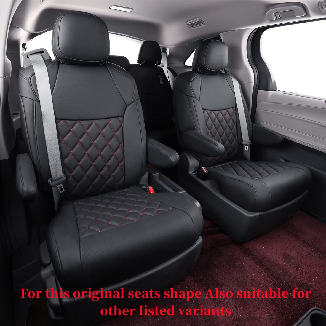coverdream Custom Leatherette Seat Covers for 2021-2024 Toyota Sienna LE & XLE 8-Seater, Full Set Black/Red, 2nd Row Bench with Removable Seat
