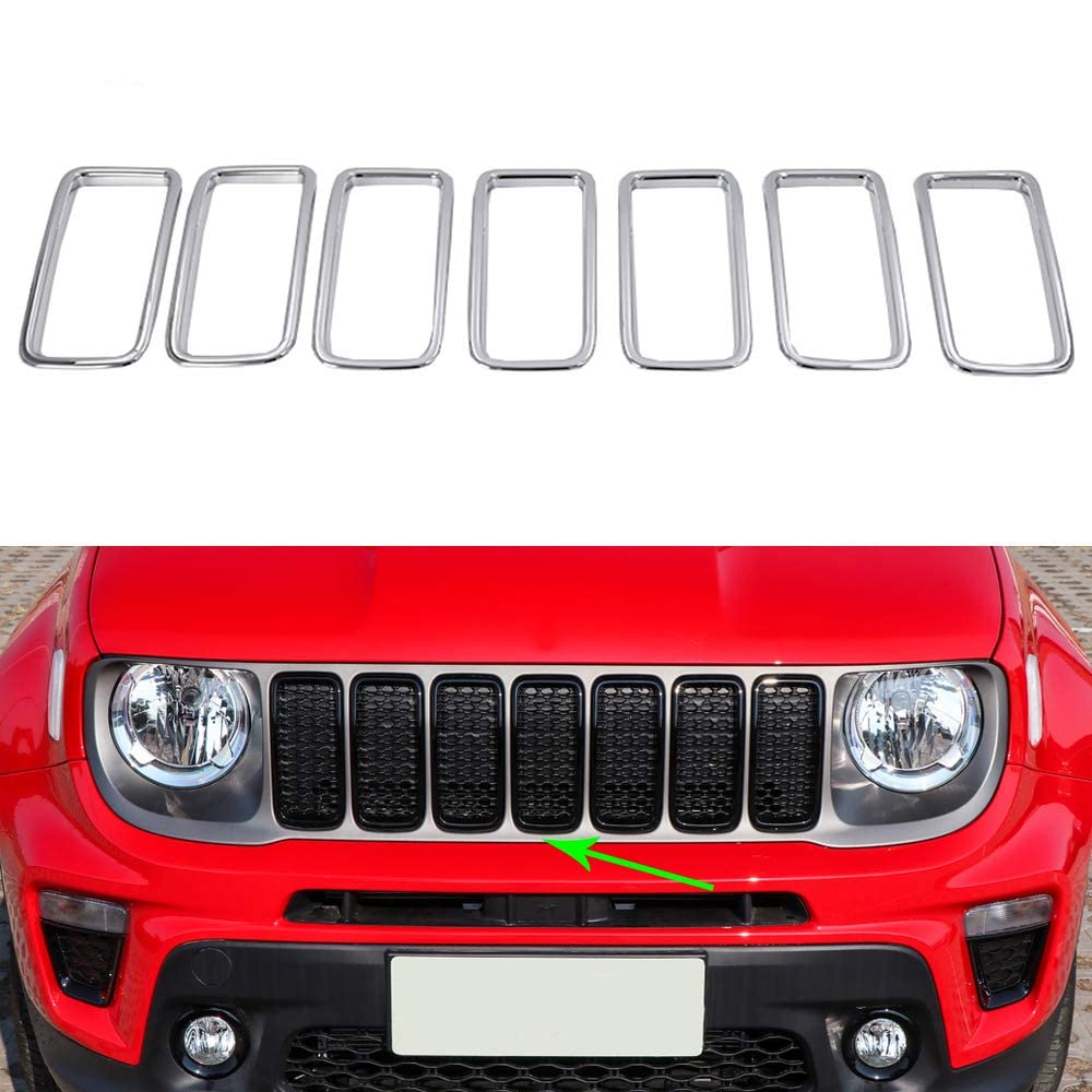 Oubolun Front Grill Grille Inserts For Jeep Renegade 2019-2021 Car Exterior Accessories Abs Grill Guard Cover Trim - Chrome Silv