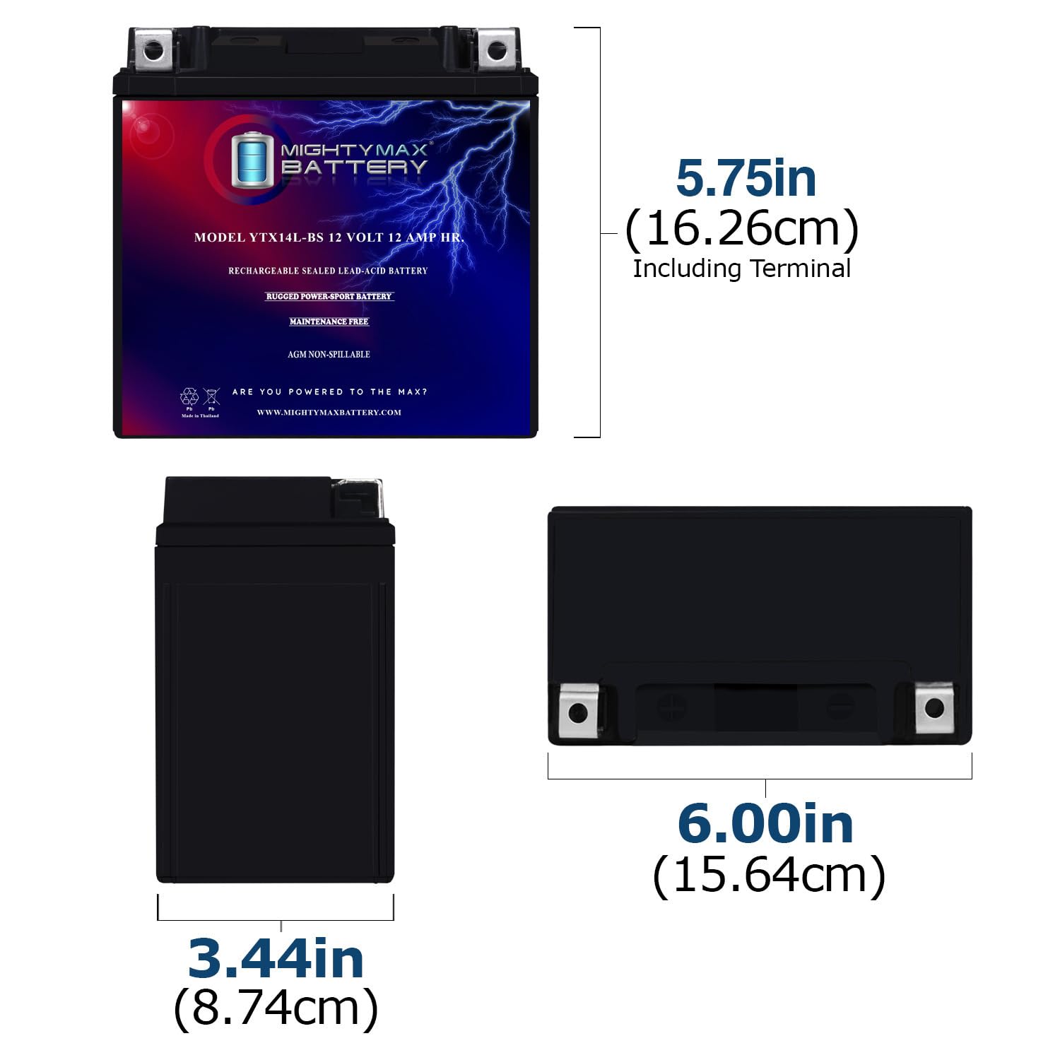 Mighty Max Battery Ytx14L-Bs -12 Volt 12 Ah, 200 Cca, Rechargeable Maintenance Free Sla Agm Motorcycle Battery