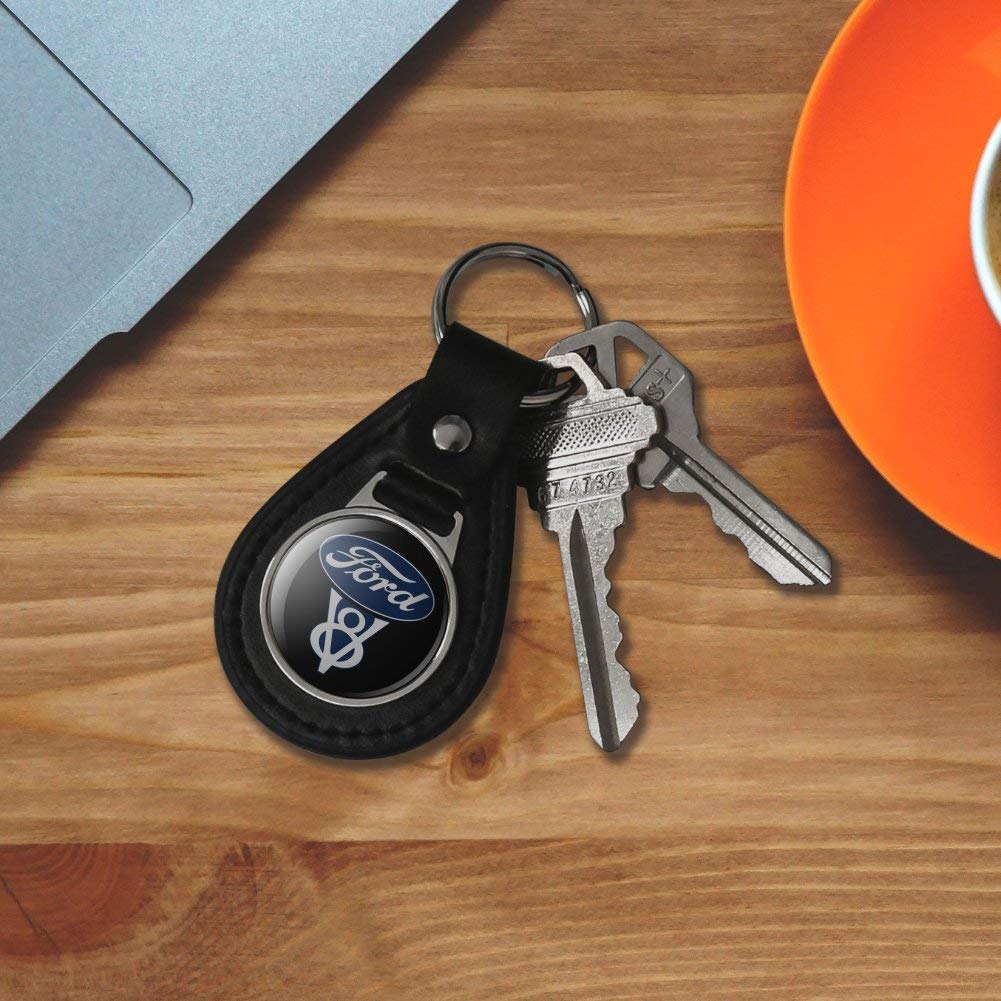 GRAPHICS & MORE Black Leather Ford Vintage V8 Keychain - One Size, Durable Metal and Leather, Classic Design