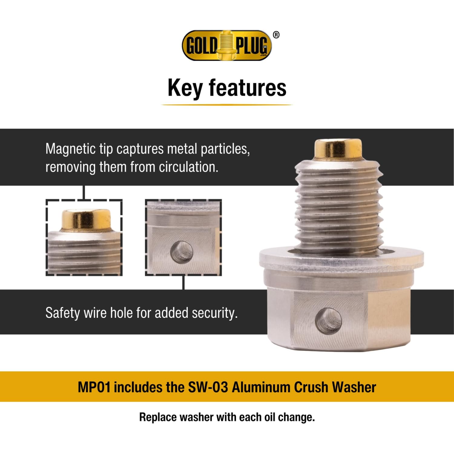 Goldplug Mp-01, Made In Usa, Stainless Steel Magnetic Drain Plug - Toyota Honda Yamaha Ford Chevy Dodge, Uses Extra Washers Sw-0