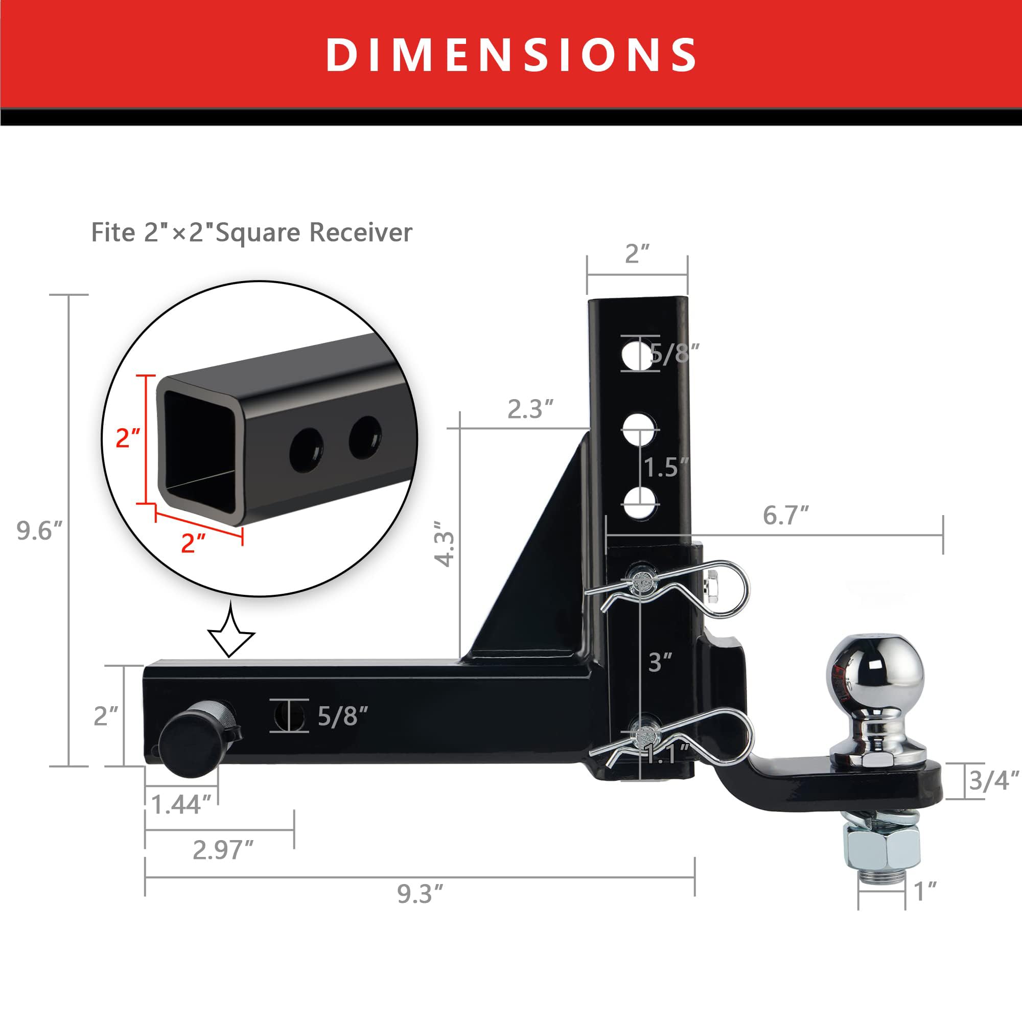Tyt Adjustable Trailer Hitch Ball Mount, 2'' Towing Ball 7500 Lbs, 9-1/2'' Drop And 8-1/4'' Rise, Fits 2-In Receiver With 2 Pin&