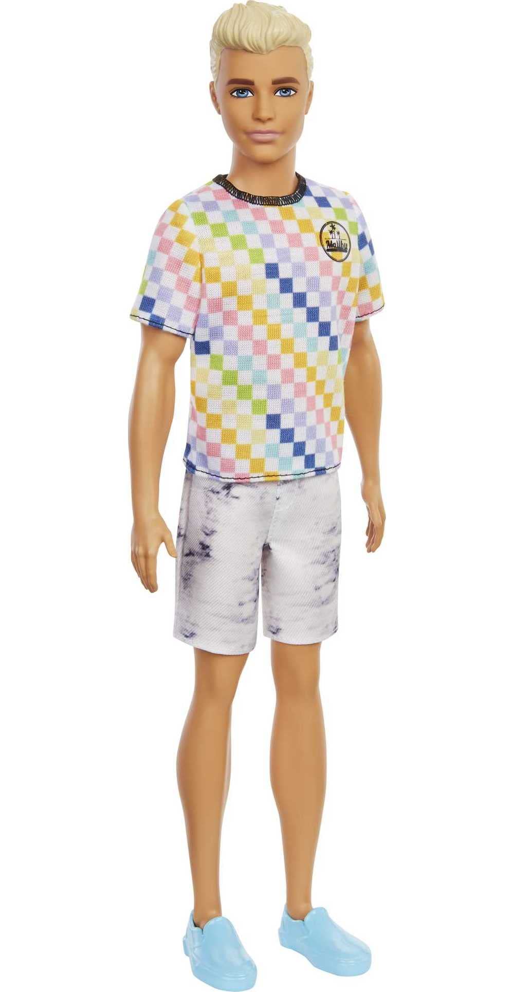 Barbie Ken Fashionistas Doll #174 With Sculpted Blonde Hair Wearing A Surf-Inspired Checkered Shirt, Stone Wash Denim Shorts & W
