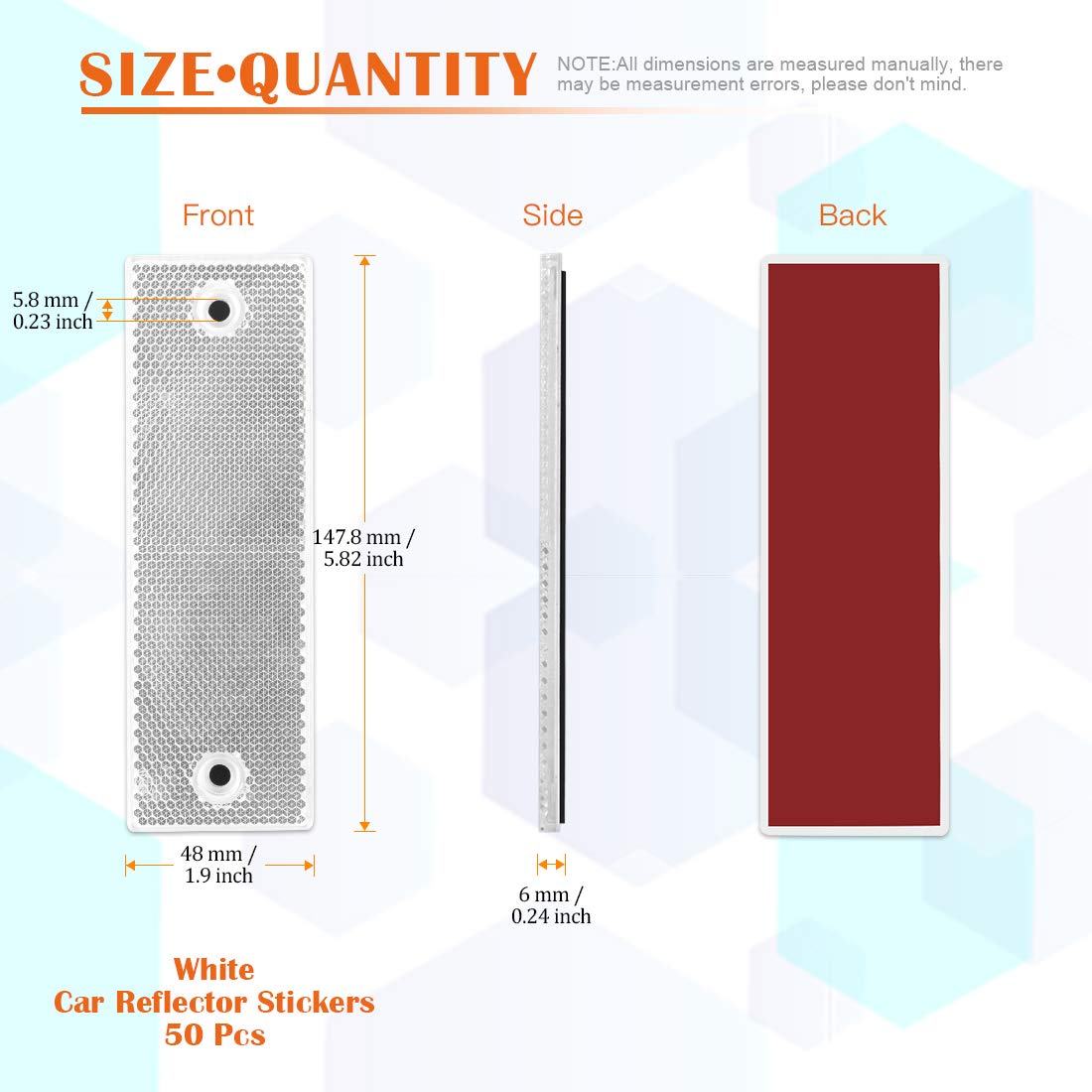 Rustark 50 Pcs White Plastic Rectangular Stick-on Car Reflector Sticker Waterproof Warning Plate Adhesive Reflective with Screw