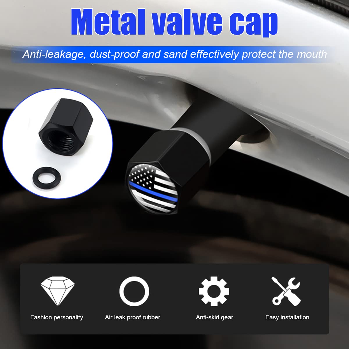 4Pcs American Flag Tire Valve Stem Caps For Car, Auto Anti-Rust Airtight Rubber Valve Stem Covers, Leakproof Wheel And Tire Exterior Accessories Universal For Car, Bikes,Vehicles (Black/Blue)