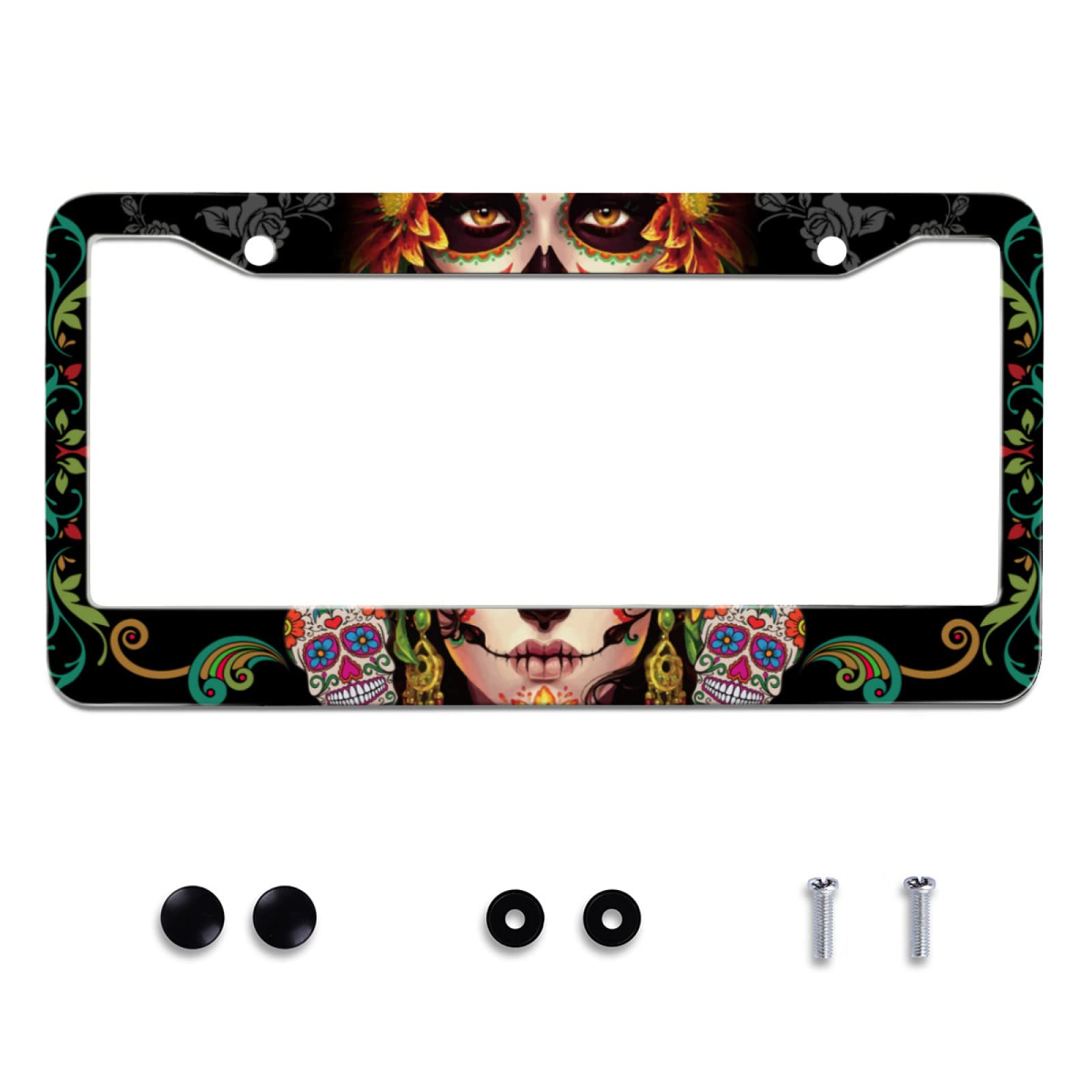 Personalise Sugar Skull Retro License Plate Frame Colorful Candy Skulls License Plate Car Universal Stainless Steel Accessories
