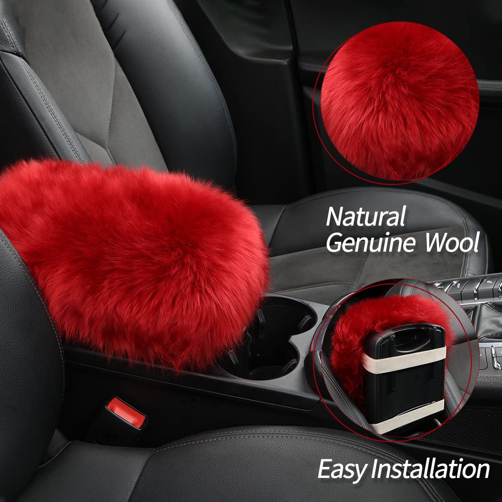 Iriwool Sheepskin Armrest Cover Auto Center Armrest Cover Car Soft Console Pad, Fluffy Wool Auto Center Console Cover For Most Car Arm Rest Decoration Protector 9 X 14 Inch (Long Wool, Pink)
