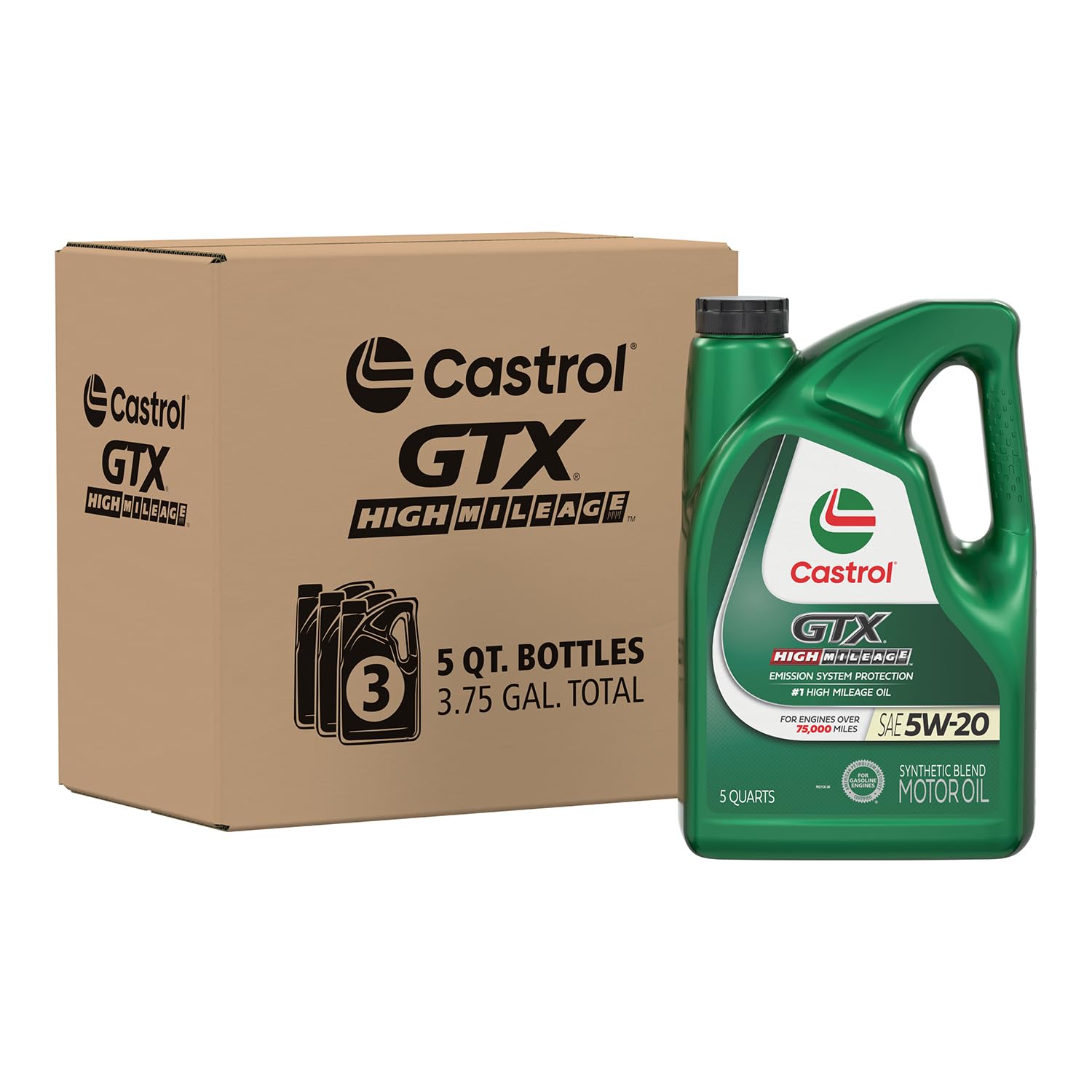 Castrol Gtx High Mileage 5W-20 Synthetic Blend Motor Oil, 5 Quarts, Pack Of 3