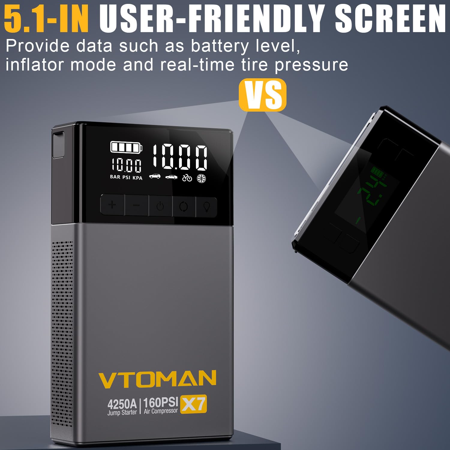 VTOMAN X7 Jump Starter & Air Compressor, 4250A, 160PSI for Trucks & SUVs, Portable 12V Lithium Booster, Gray