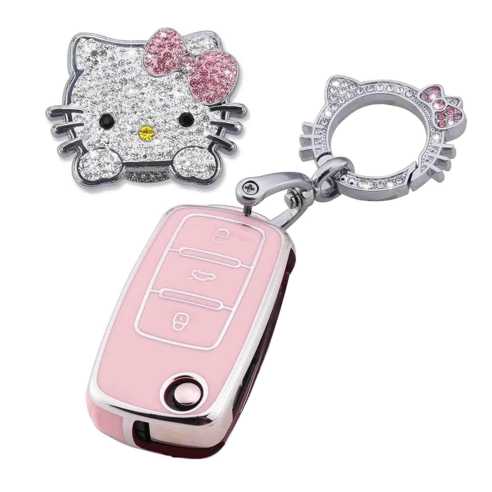 Pangpai Pink Car Accessories 3 Pcs For Vw Volkswagen Jetta Golf Polo Mk6 Passat Tiguan Beetle Key Fob Cover With Bling Keychain