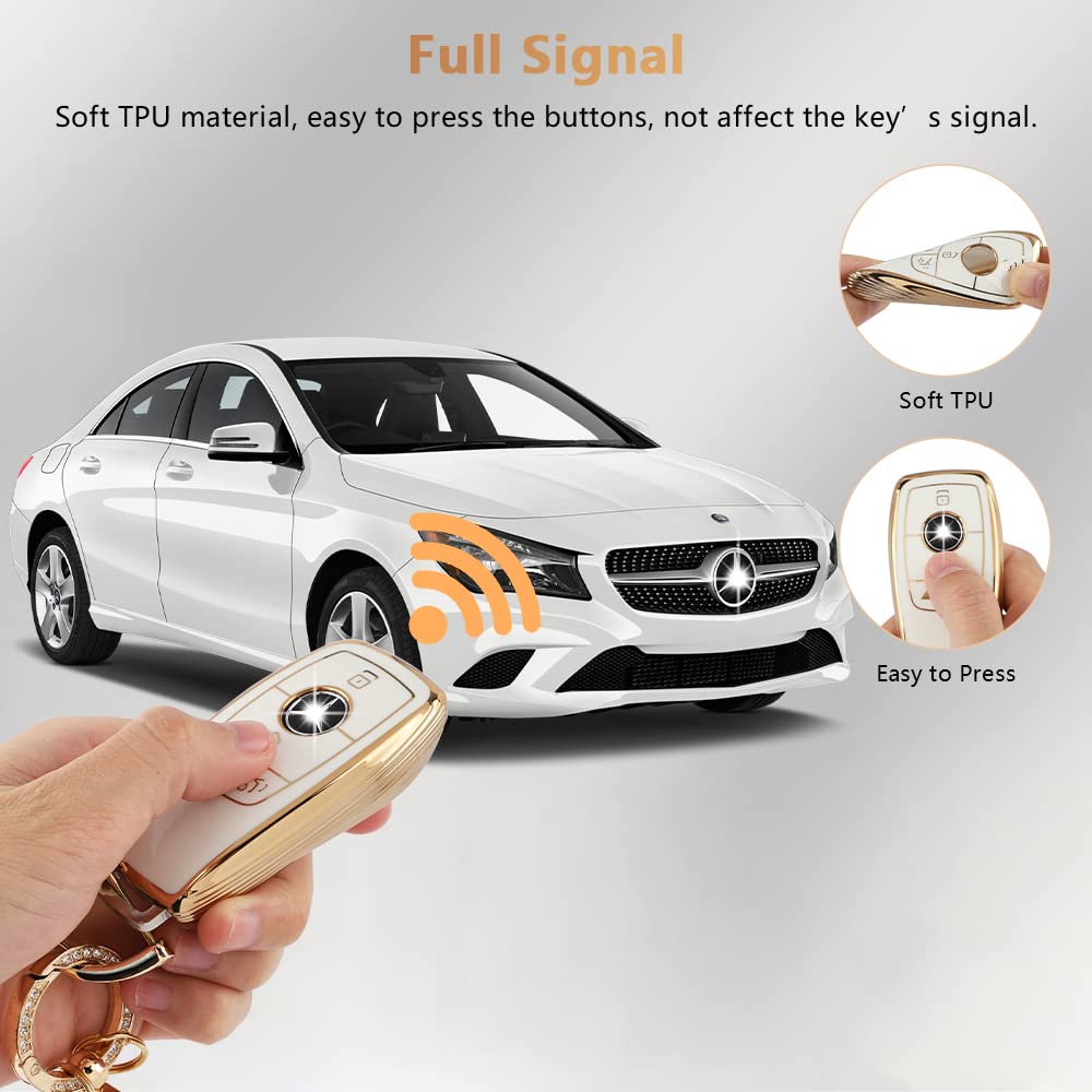 Pifoog Key Fob Cover For Mercedes Tpu White Gold Bling Keychain Accessories Fit Benz Gla Gle Glb Gls Glc Cla Cls C300 Amg A E S